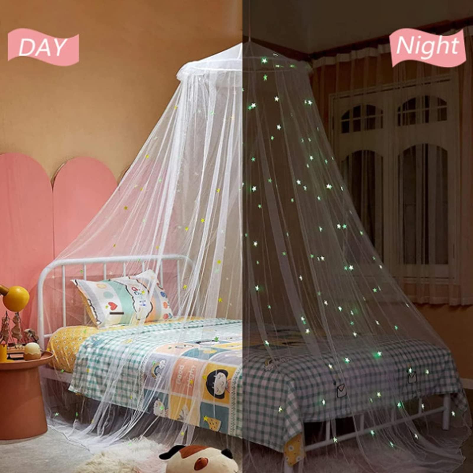 Glow in the Dark Mosquito Net for Bed Canopy with Fluorescent Stars - Kids Hanging Bed Dome Canopy for Nursery, Bedroom & Camping (White, Small)