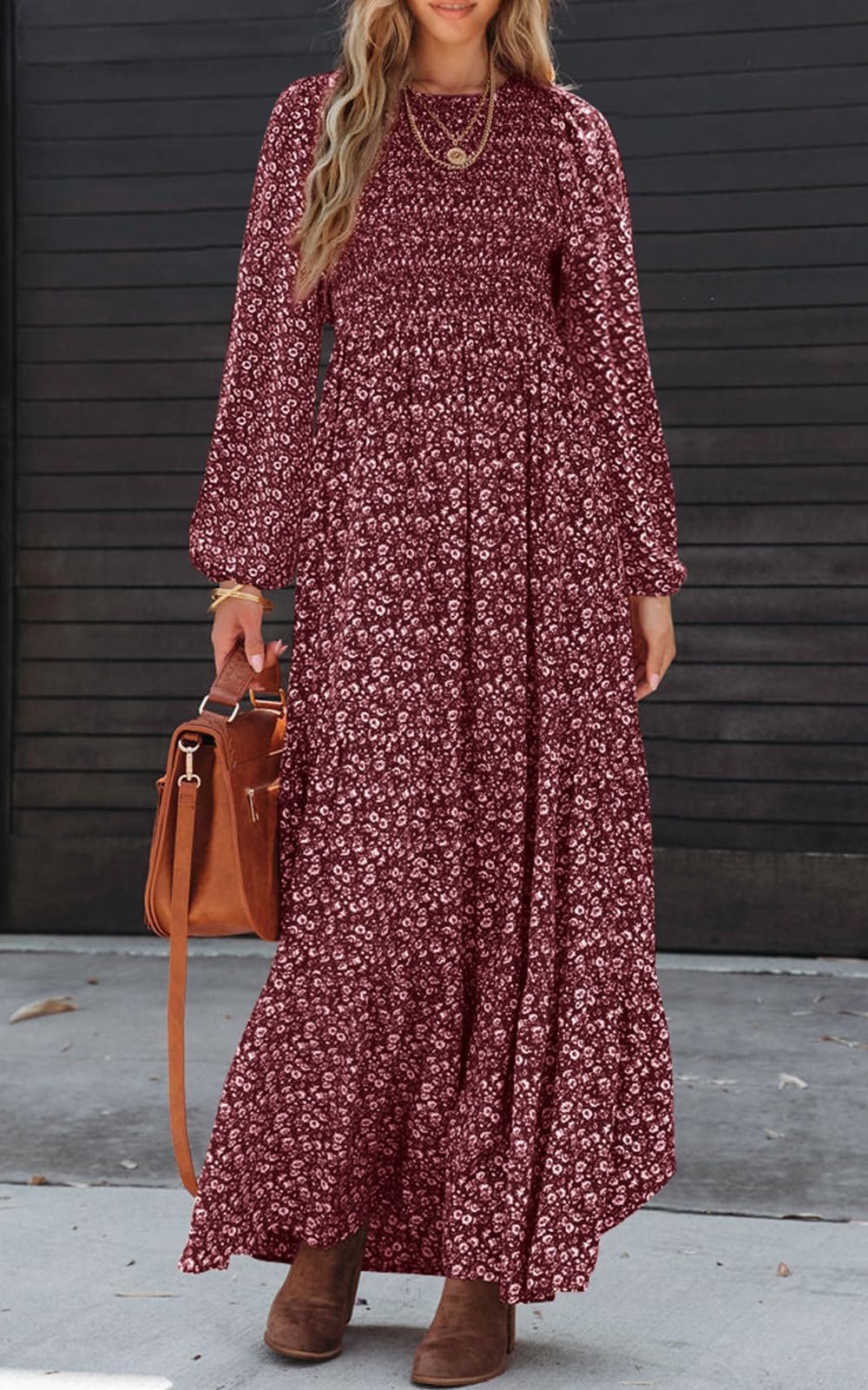 PRETTYGARDEN Women's Floral Maxi Dress Long Sleeve Smocked Tiered Spring Dress 2025 - Flowy Casual Crew Neck Midi Dress for Brunch, Wedding Guest & Vacation Outfits