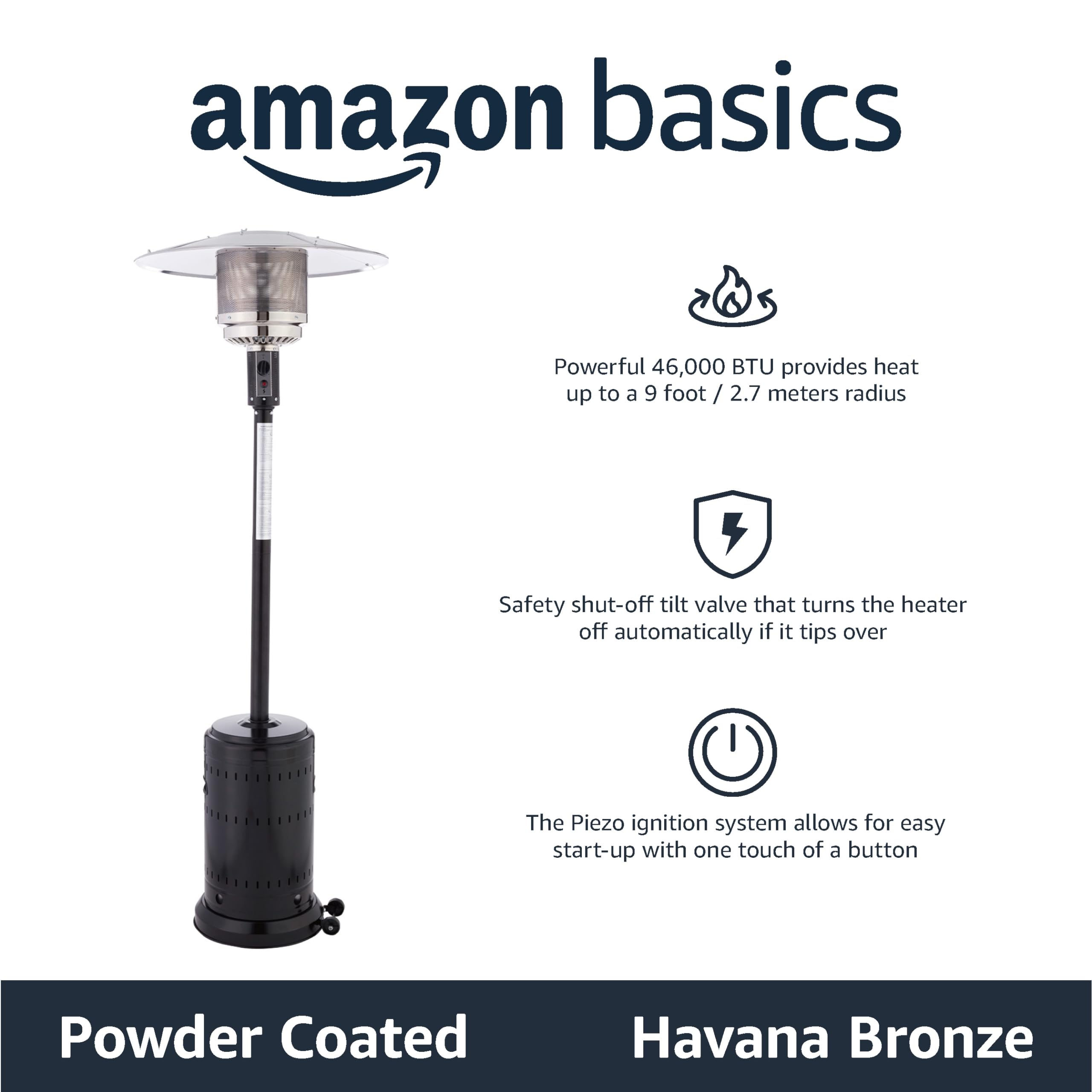 Amazon Basics 46,000 BTU Outdoor Propane Patio Heater with Wheels - Commercial & Residential Use - Havana Bronze Finish - Includes Water Tank - 32.1
