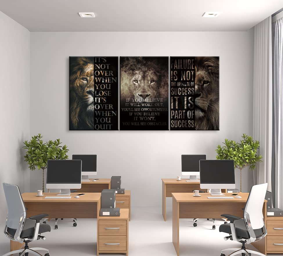 3-Piece Lion Motivational Canvas Wall Art Set - Inspirational Quotes for Success, Positive Animal Wall Decor for Home, Classroom, Entrepreneur Office - Easy to Hang (24