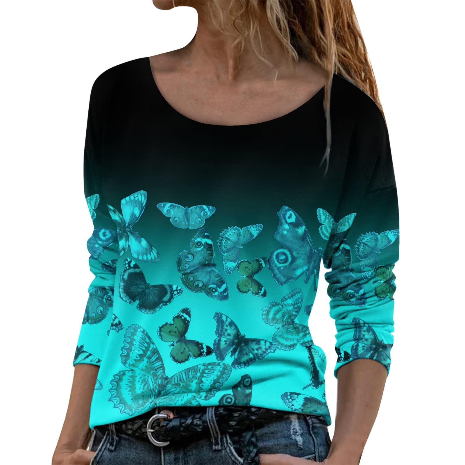 Women's Casual Butterfly Graphic T-Shirt - Long Sleeve Crew Neck Loose Fit Basic Tee for Summer & Fall | Perfect for Everyday Wear, Weekend Outfits & Layering