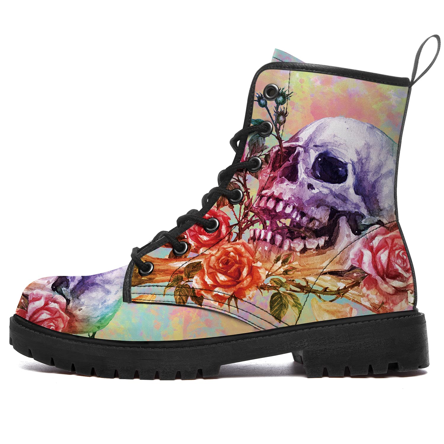 Skull Combat Boots for Women & Men - Waterproof Anti-Slip Ankle Boots with Lace Up Design, Low Heel Work Shoes - Perfect for Outdoor, Workwear & Gothic Fashion