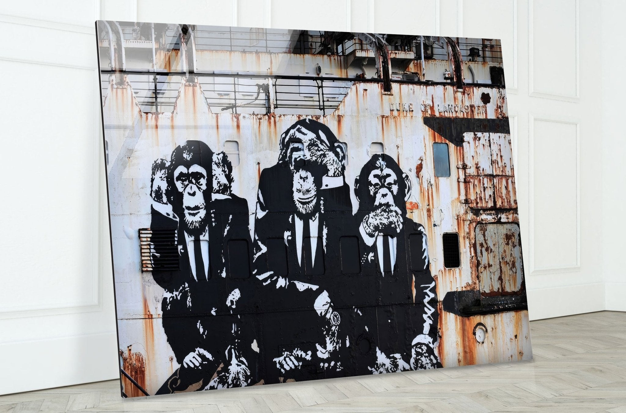 3 Monkey Banksy Glass Wall Art - Modern Home Decor for Living Room, Bedroom & Office - Unique Street Art Inspired Glass Painting