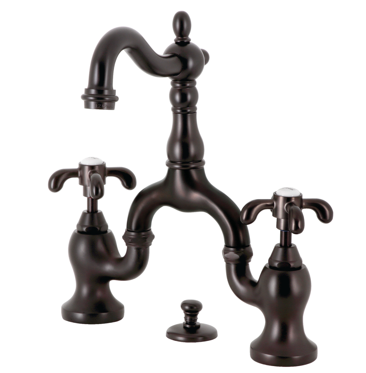 Premium European Bridge Bathroom Faucet with Pop-Up Drain and Spoke Handles - Modern Matte Black Finish for Vanity Sinks, Powder Rooms & Guest Bathrooms