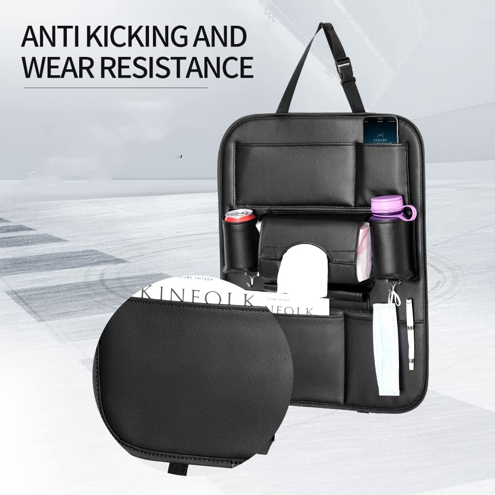 2 Pack Premium PU Leather Car Seat Back Organizer - Universal Fit Seat Protector with Cup Holders & Kick Mats - Black - Perfect for Travel, Road Trips & Family Car Accessories