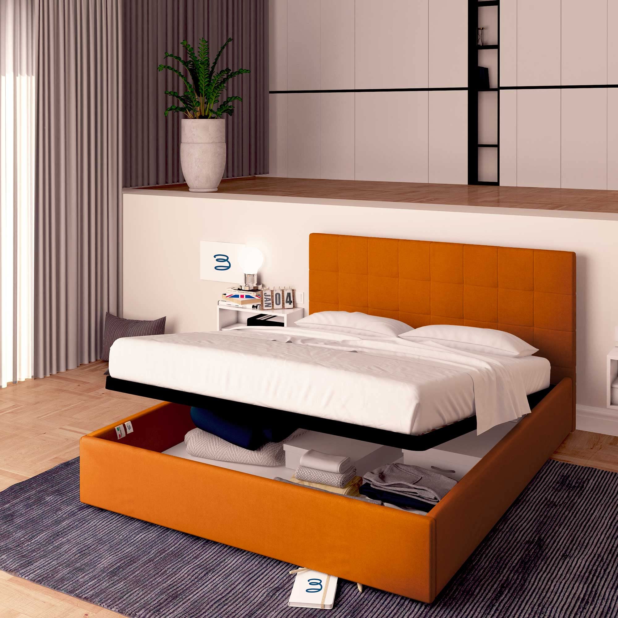 Baldiflex Dublin Fabric Double Bed Frame with Storage, Slatted Base for Single Mattresses, 160 x 190 cm, Elegant Orange Headboard - Perfect for Small Bedrooms & Guest Rooms