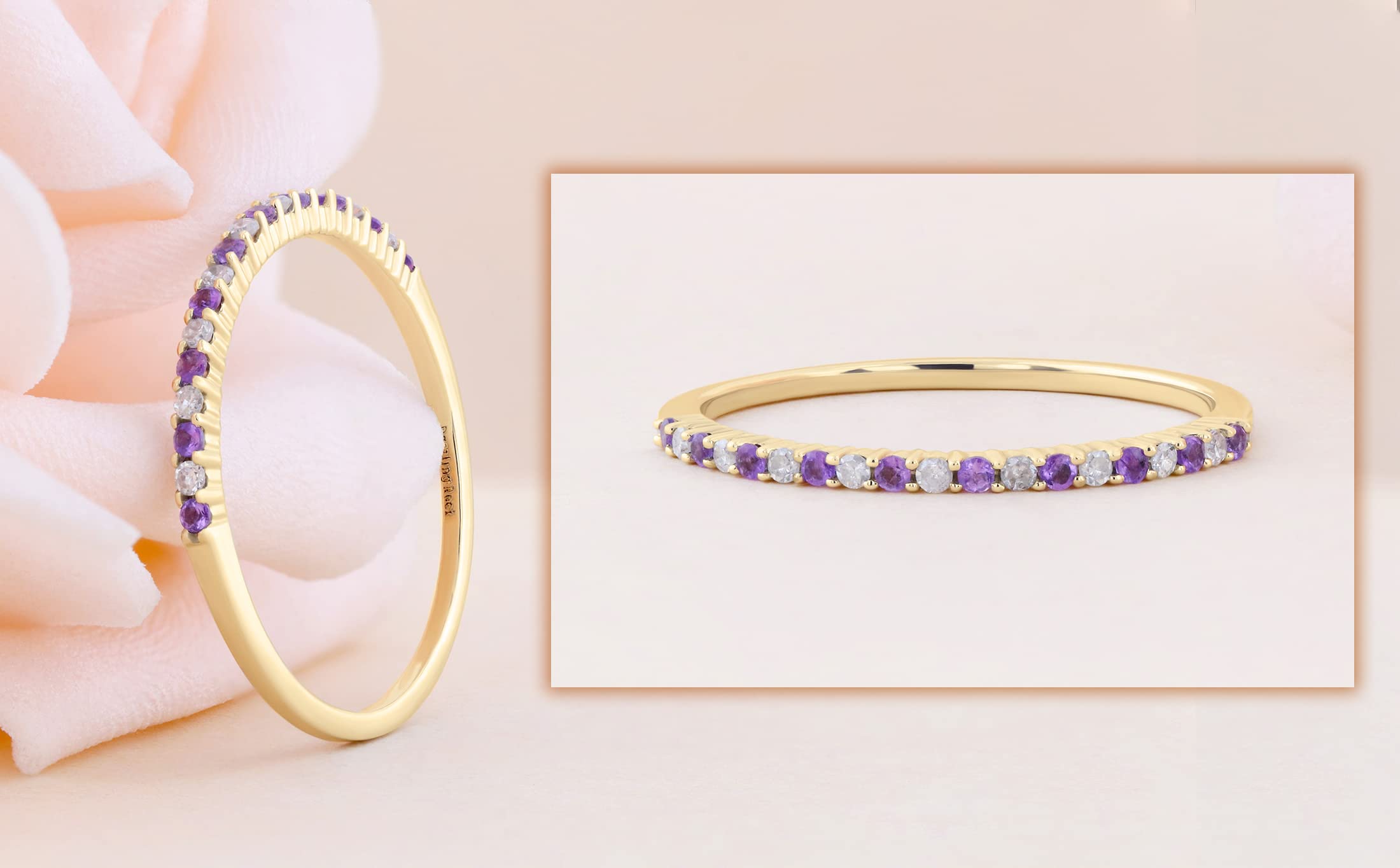 14K Solid Gold Round Amethyst & White Diamond Women's Anniversary Wedding Band Stackable Ring - Elegant Gift for Wife, Engagement, Valentine's Day & Special Occasions