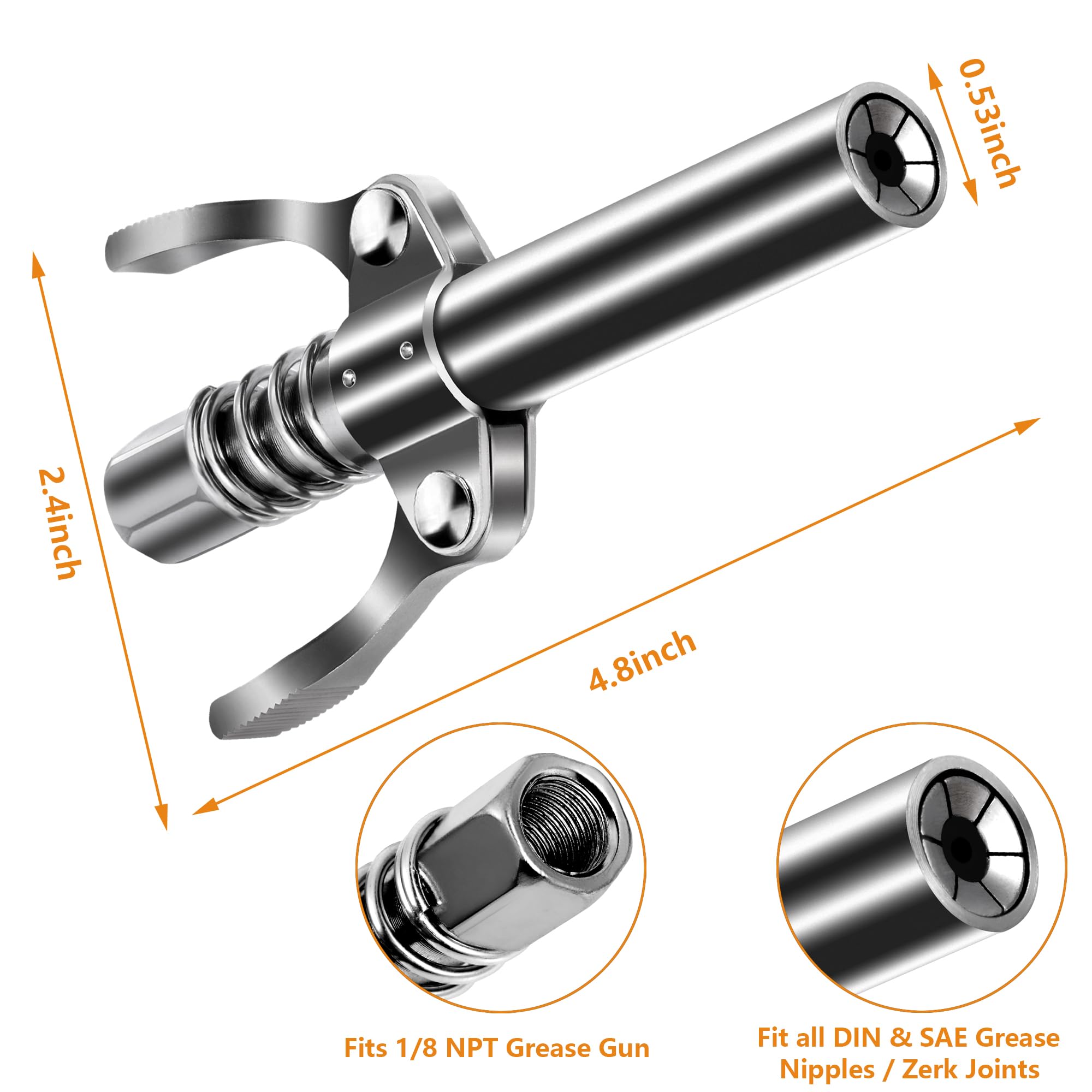 Heavy-Duty Grease Gun Coupler - 6-Jaw Secure Lock for Zerk Fittings, 10000 PSI Leak-Proof Quick Release Design, Universal 1/8