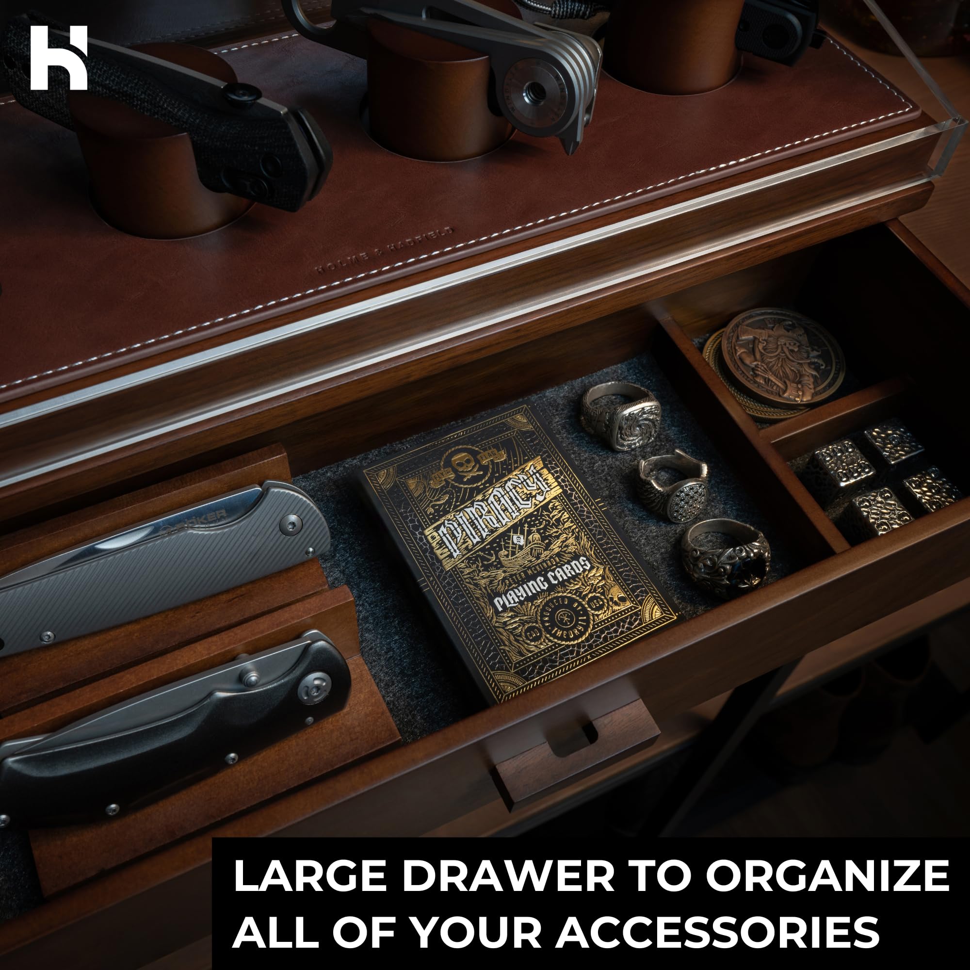 Holme & Hadfield Luxury Wooden Knife Display Case - Holds 6-10 Pocket Knives - Premium Knife Organizer with Drawer for Collectors - Perfect for Home, Office, or Gift Giving
