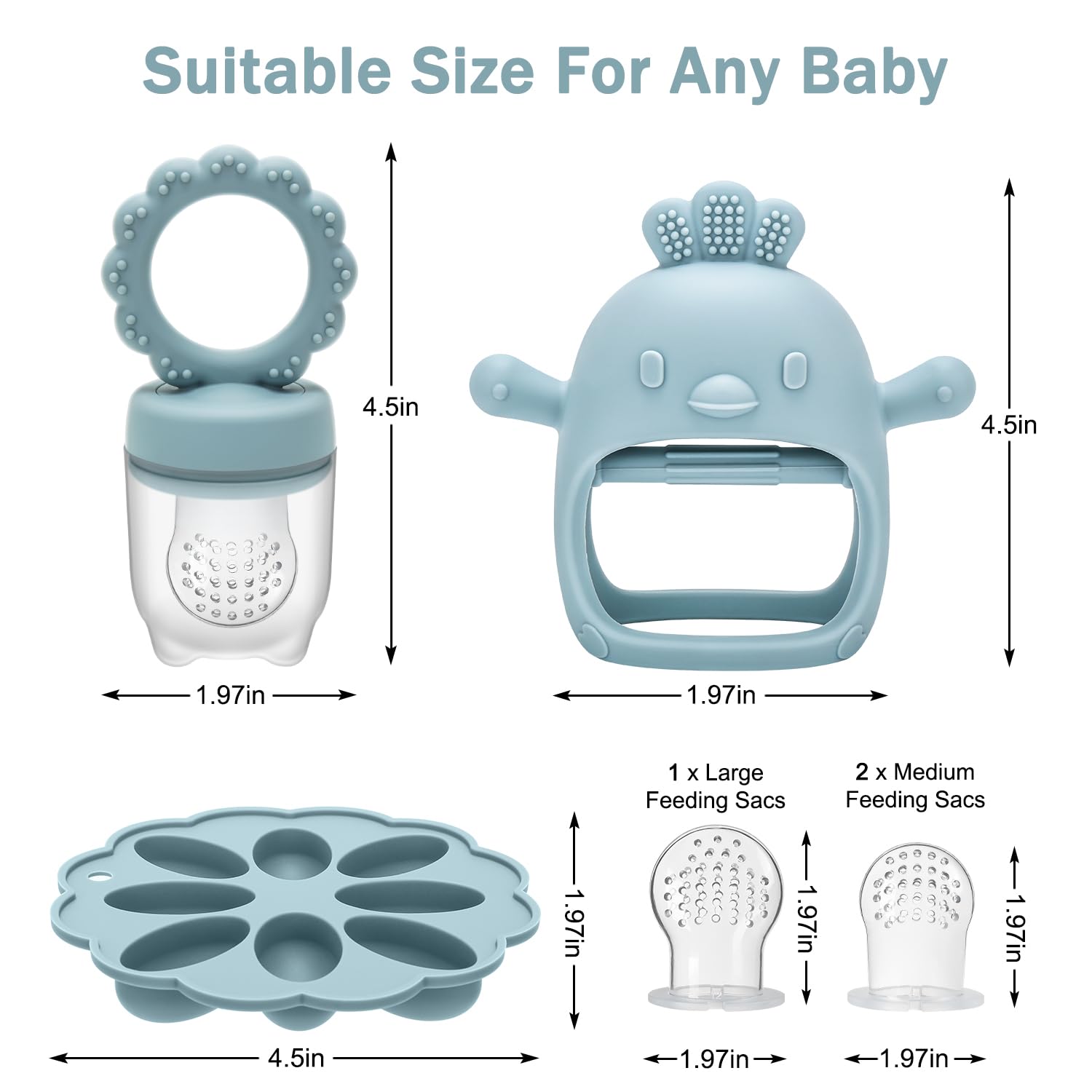3 Pack Baby Teething Mittens with Fruit Feeder & Freezer Tray - BPA Free Silicone Teething Toys for Infants 3+ Months - Includes Extra Silicone Sacs - Perfect for Soothing Sore Gums & Introducing Solid Foods