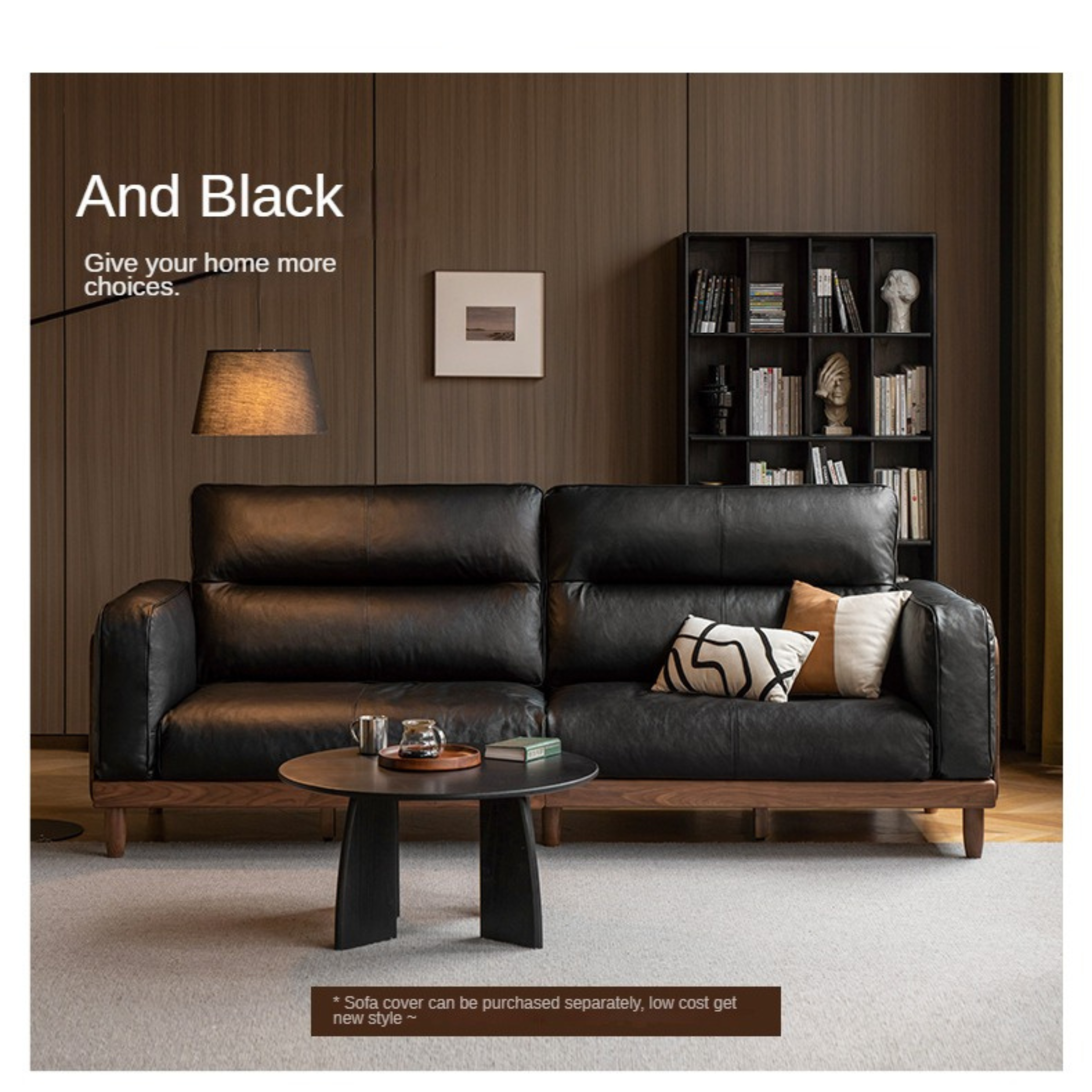 Premium Black Walnut & Ash Solid Wood Leather Sofa with Genuine Yellow Cowhide Upholstery - Luxury Living Room Furniture for Modern Home Decor