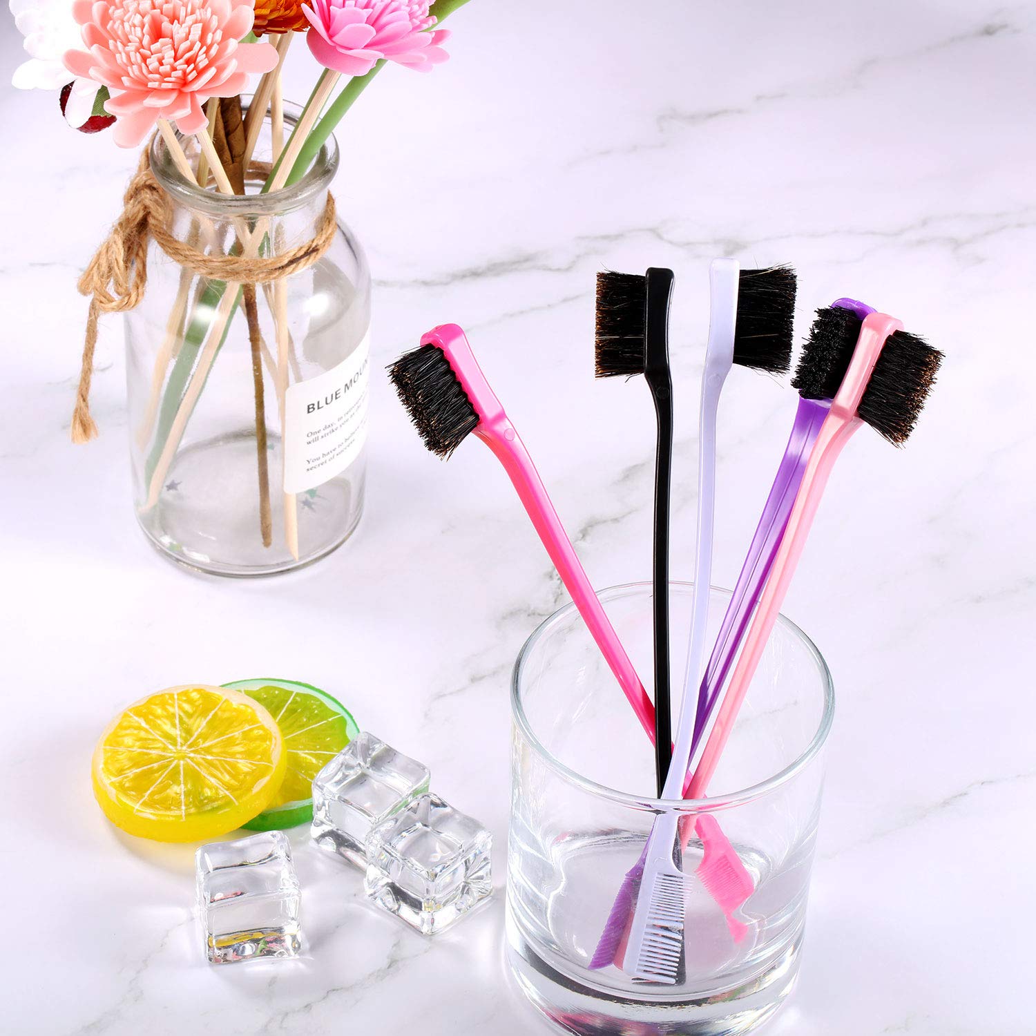 5-Piece Double-Sided Edge Control Hair Brush Set with Smooth Comb - Hair Styling & Grooming Kit for Natural Hair, Braids & Weaves (5 Colors) - Perfect for Salon, Home & Travel Use