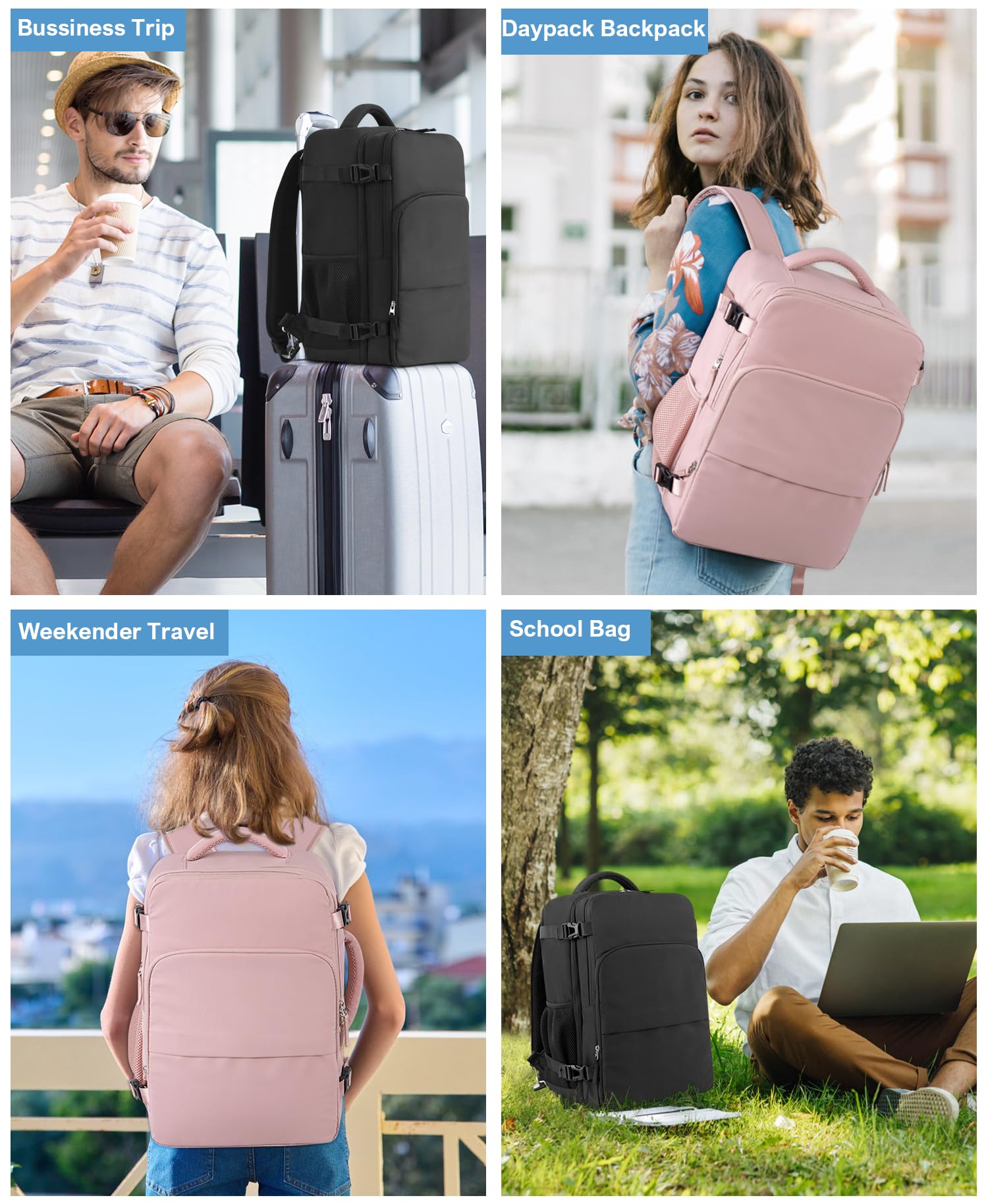 Beraliy 17.3 Inch Travel Backpack for Men & Women - Airline Approved Carry On Laptop Backpack, Durable Water Resistant Hiking College Work Gym Weekender Bag - Perfect for Business Trips, Commuting & Outdoor Adventures (Black)