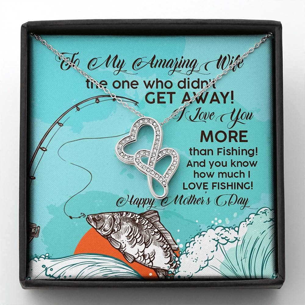 To My Amazing Wife I Love You More Than Fishing Double Hearts Pendant Necklace - Sterling Silver Romantic Jewelry Gift for Anniversary, Valentine's Day with Message Card & Luxury Gift Box - Perfect for Proposals, Weddings & Special Occasions