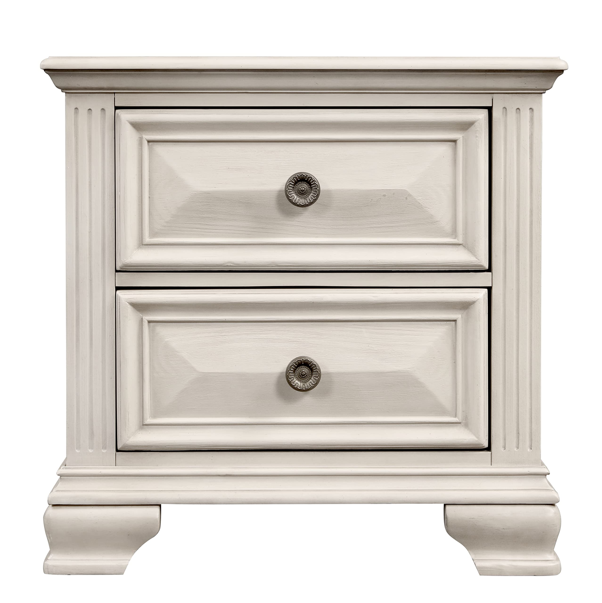 Roundhill Furniture Renova Wood Queen Bedroom Set - Distressed Parchment Panel Bed with Dresser, Mirror & 2 Nightstands | Complete Bedroom Furniture for Master Bedroom, Guest Room & Apartment