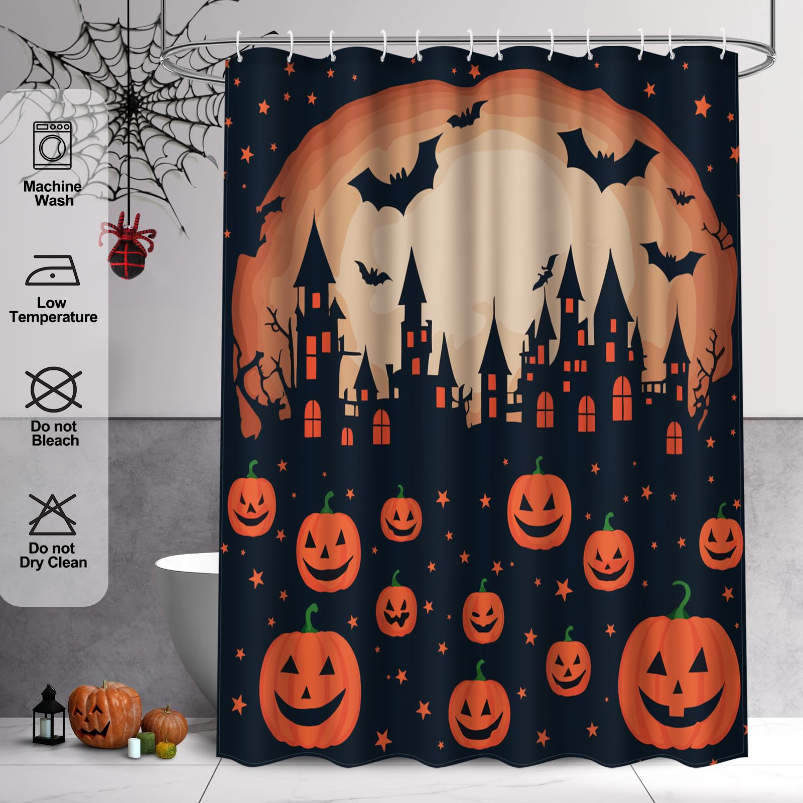 Halloween Pumpkin Shower Curtain Set - 72x72 Inch Skeleton & Skull Jack-O-Lantern Design - Waterproof Bathroom Decor for Bathtub or Shower - Perfect for Halloween Party, Spooky Bathroom Makeover & Seasonal Home Decoration