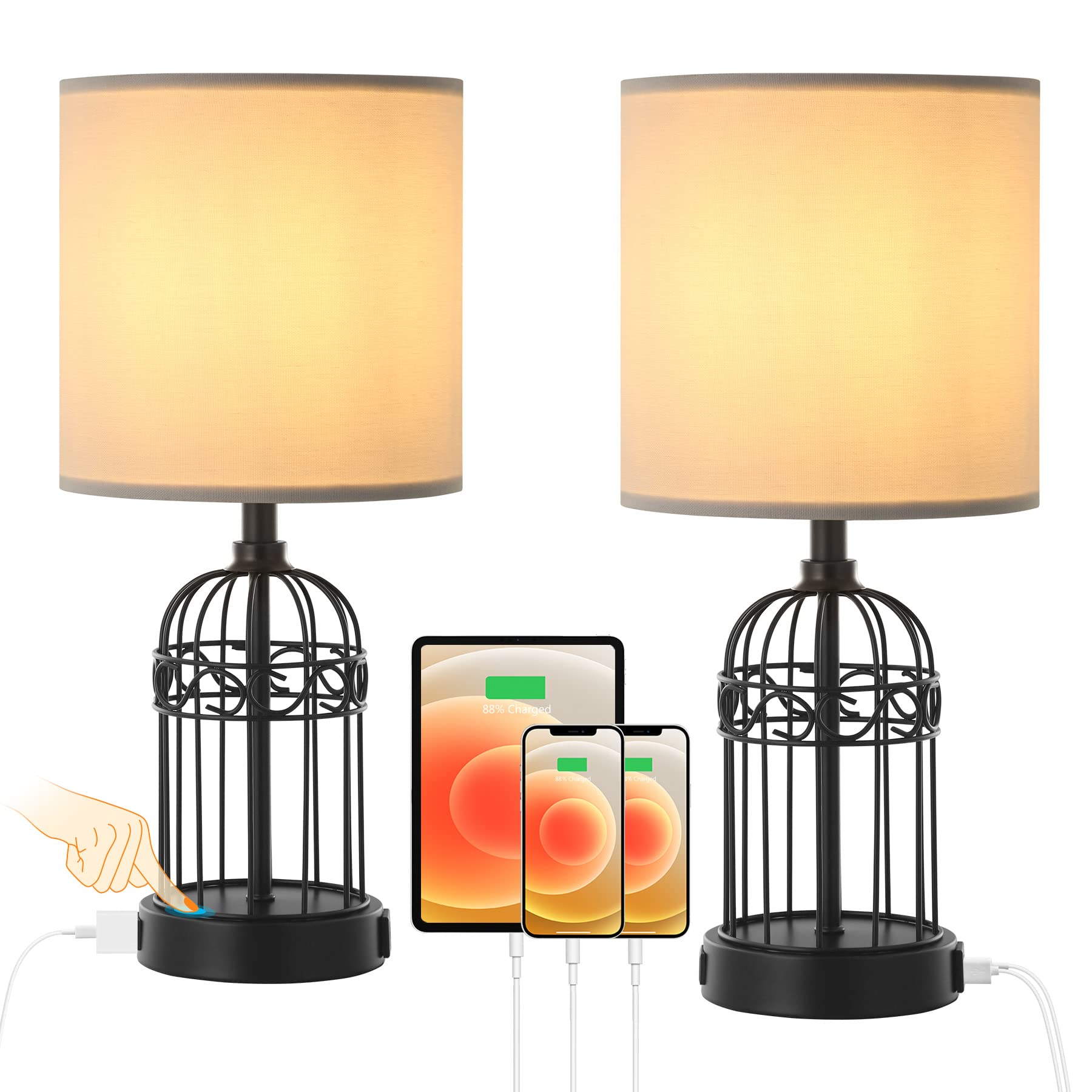 Tribesigns 2-Pack Farmhouse Style Touch Control Table Lamps - 3-Way Dimmable Nightstand Lamps with USB & Type-C Charging Ports, Includes Bulbs - Perfect for Bedroom, Living Room & Home Office Decor
