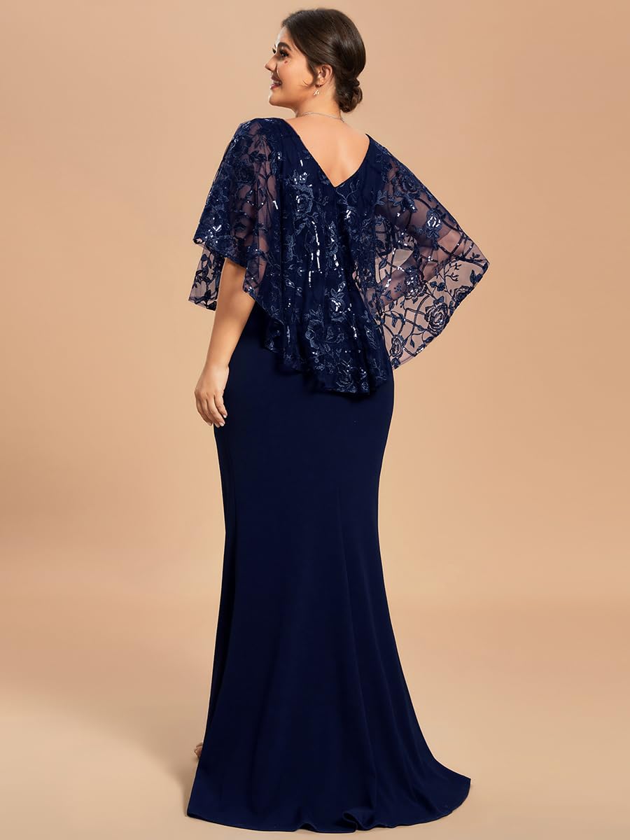Ever-Pretty Plus Size Women's Sequin Bodycon Evening Dress with V-Neck & Short Sleeves - Floor Length Formal Gown for Prom, Wedding Guest & Special Occasions (Style 01798-DA)