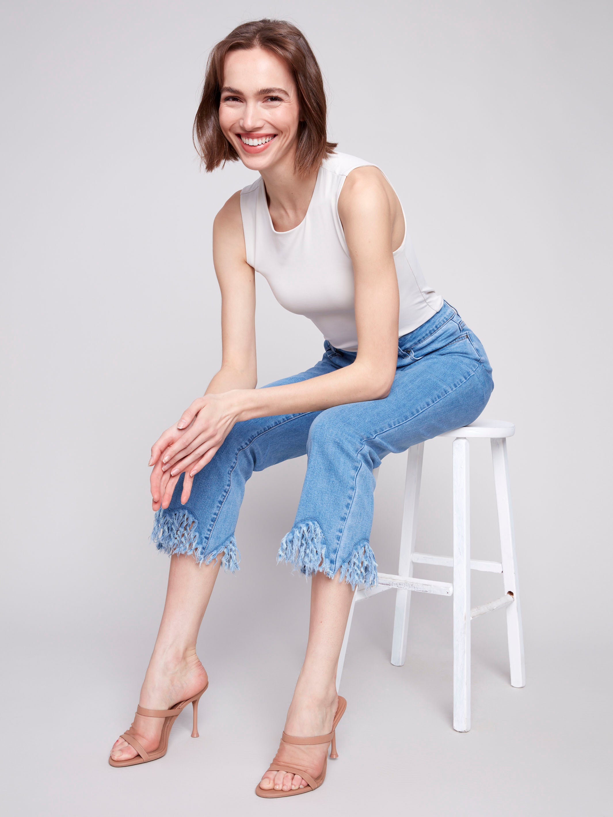 Stylish Cropped Jeans with Trendy Fringed Hem - Classic Blue Denim for Women | Perfect for Casual Outfits, Summer Fashion & Boho Chic Looks