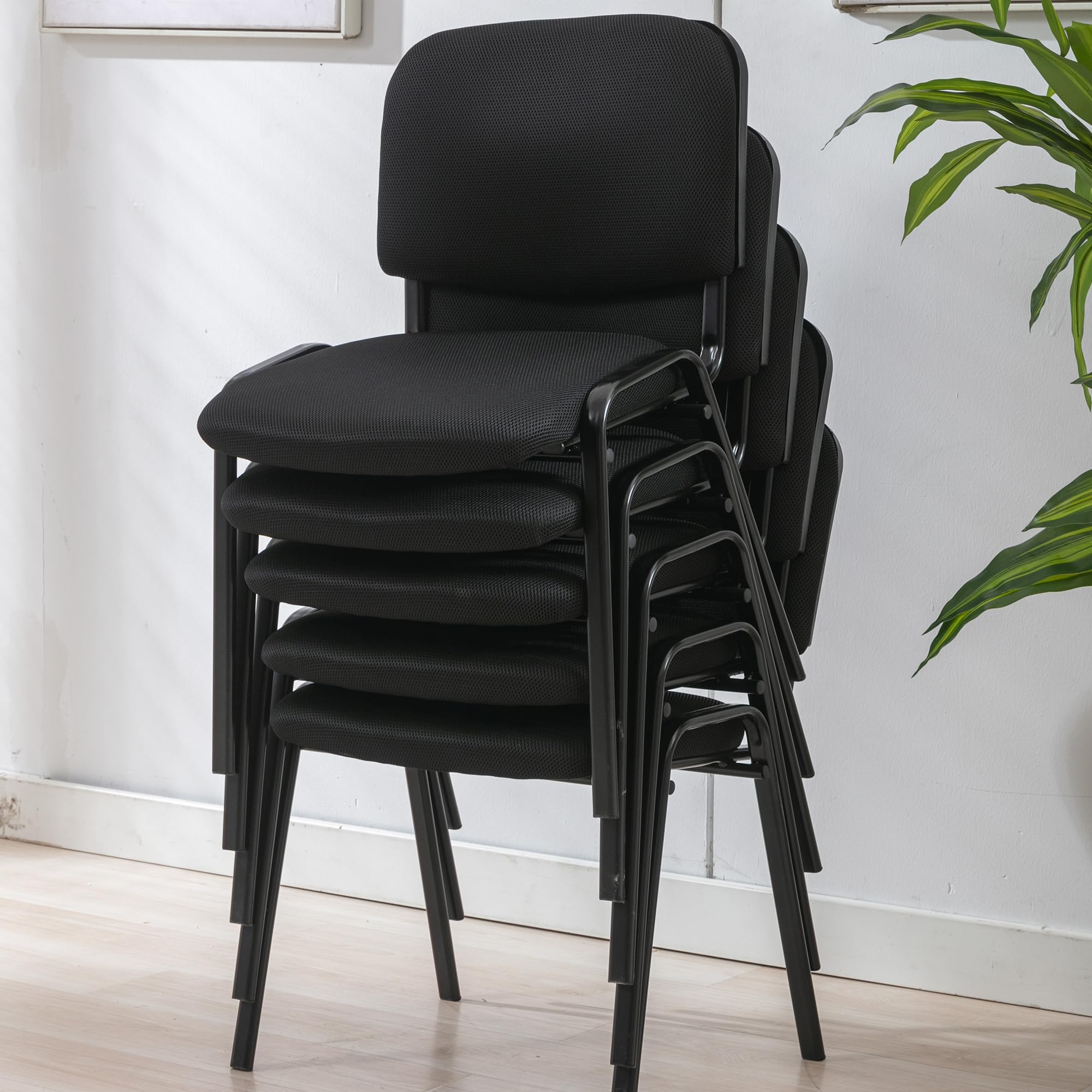 5-Pack Black Mesh Stackable Chairs with Padded Seats - Armless Office Waiting Room Chairs for Conference Rooms, Church Events & School Classrooms - Comfortable Stacking Chairs for Indoor Gatherings & Events