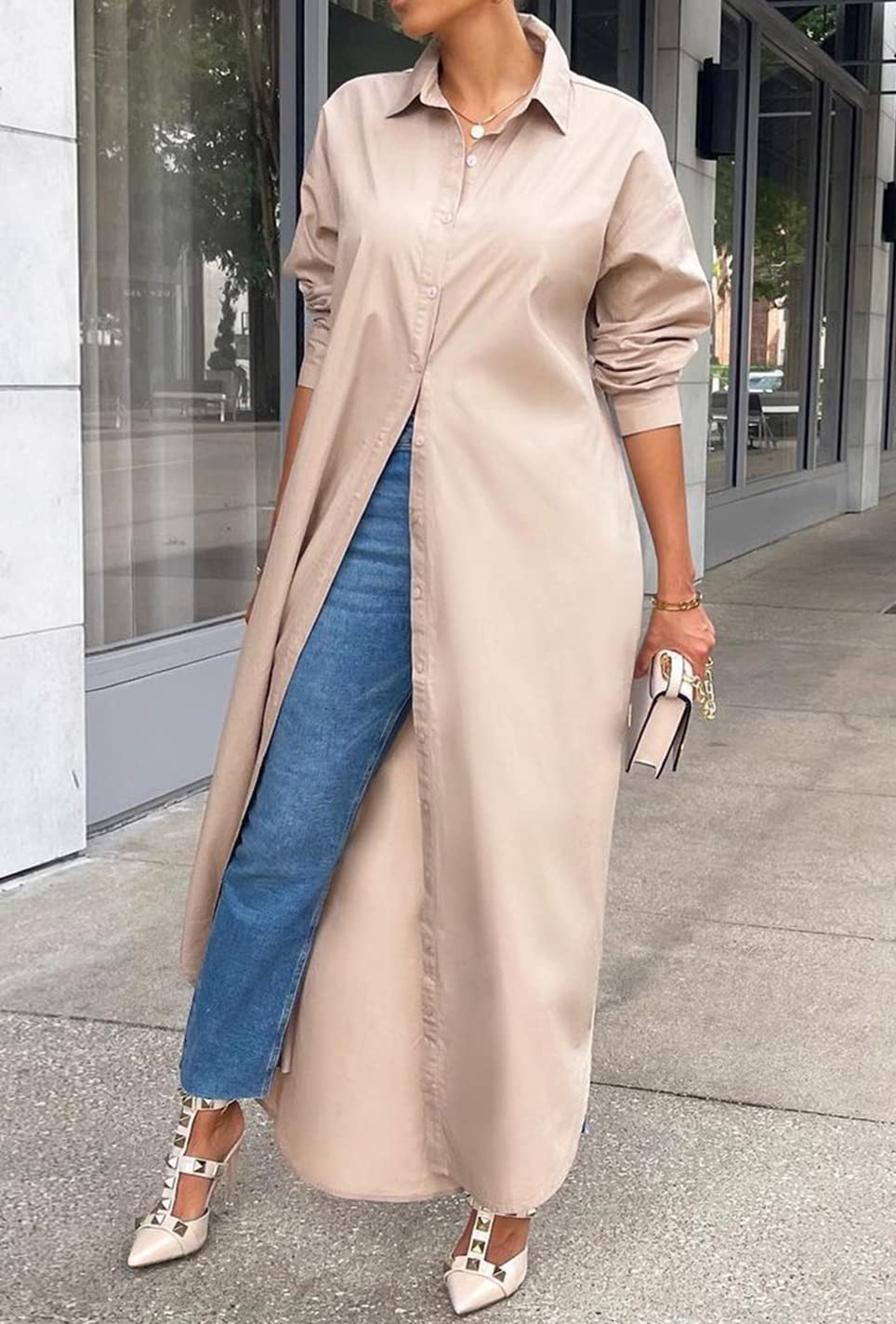 Choichic Women's Casual Long Sleeve Cotton Button Down Maxi Shirt Dress - Flowy Comfortable Tunic Dress for Work, Travel & Everyday Wear