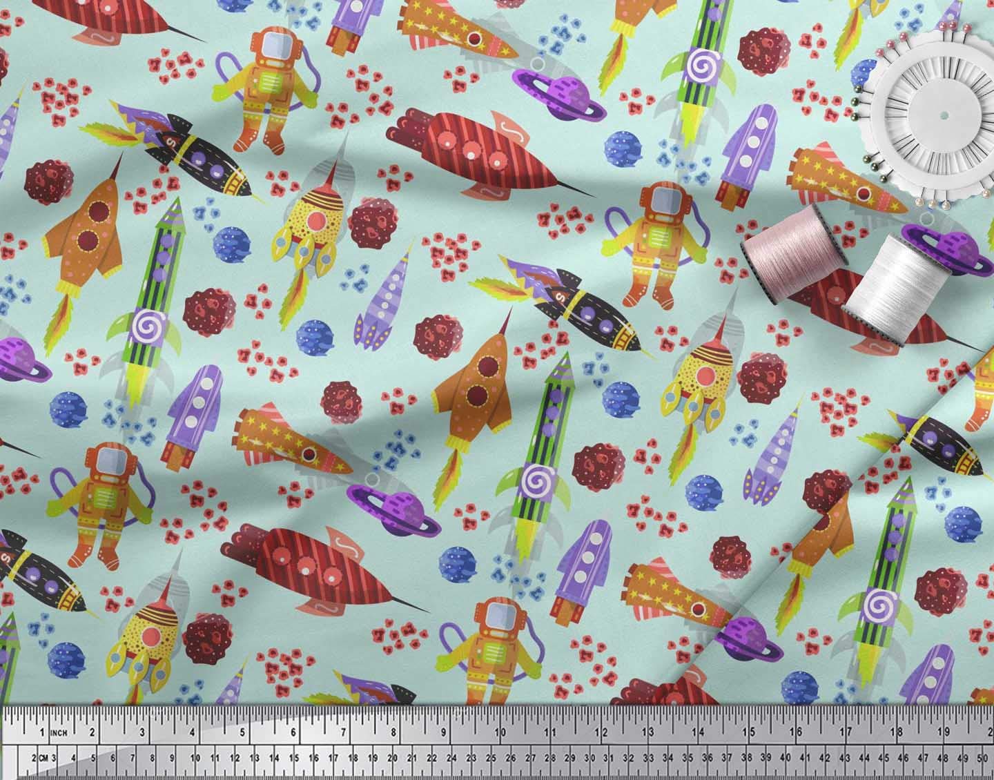 Soimoi Poly Georgette Green Fabric by The Yard - 52 Inch Wide Rocket Planet Astronaut Cartoon Printed Fabric for DIY Dresses, Curtains & Home Decor - Galactic Adventures Space Theme Material