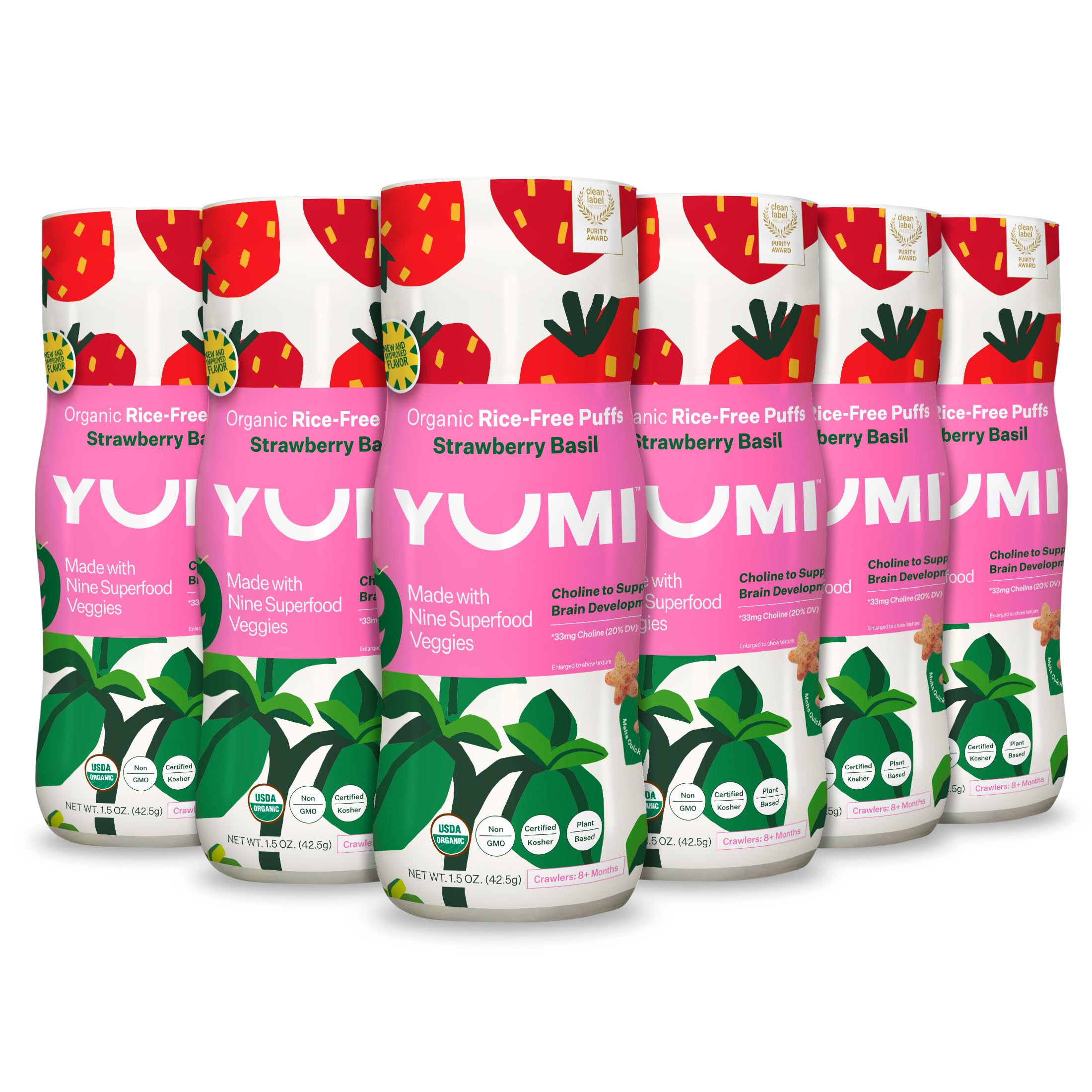 Organic Rice-Free Baby Puffs - Healthy No Sugar Added, Gluten-Free, Non-GMO Snacks for Toddlers | School Safe for Daycare & Lunchboxes | Strawberry Basil Flavor (6 Pack) - Perfect Teething Relief & On-the-Go Snack for Babies 12+ Months