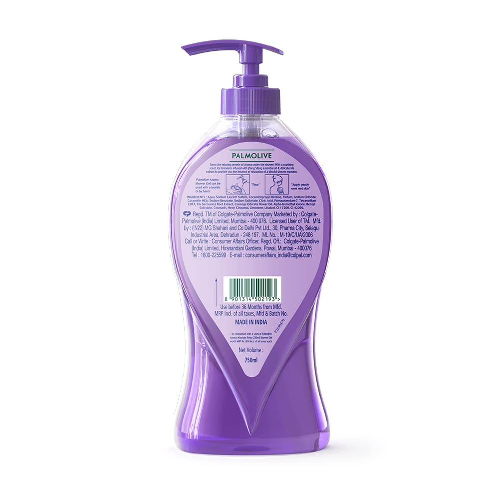 Palmolive Aroma Absolute Relax Body Wash for Women & Men - 750ml Shower Gel with 100% Natural Ylang Ylang & Iris Essential Oils | pH Balanced for Soft, Smooth Skin | Single Pump Bottle | Perfect for Stress Relief & Spa-Like Relaxation at Home