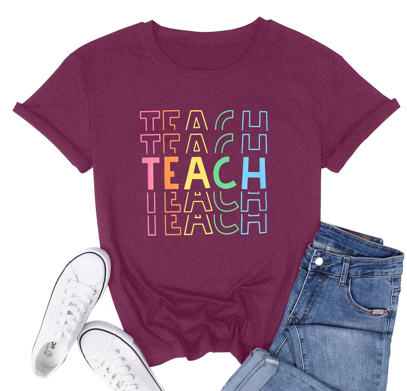 Funny Teacher Shirts for Women - Back to School & Kindergarten Teaching Life T-Shirts - Appreciation Gift Casual Crew Neck Tops - Perfect for Classroom, Teacher Appreciation Week & Casual Wear