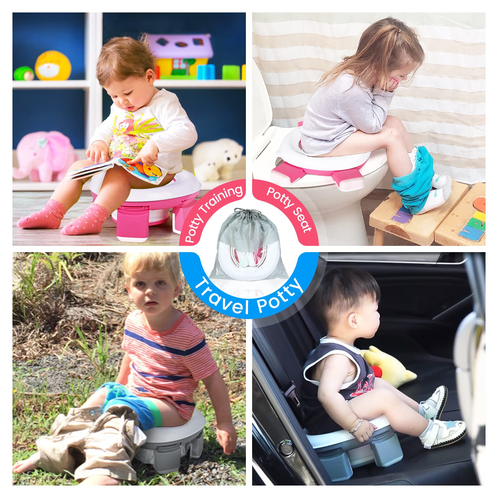 Orzbow Foldable Travel Potty Chair for Toddlers - Portable Kids Training Toilet Seat with Splash Guard, Storage Bag & 40 Disposable Bags | Perfect for Car Trips, Camping & Outdoor Adventures (Pink)