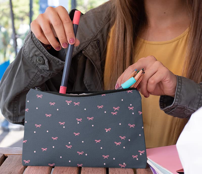 Multipurpose Canvas Pouch for Travel - Waterproof Cosmetic Bag, Stationery Organizer, Gadget Case, Handbag Accessory with Cute Bows | Perfect for Daily Use, Office, School & Vacation Essentials Storage