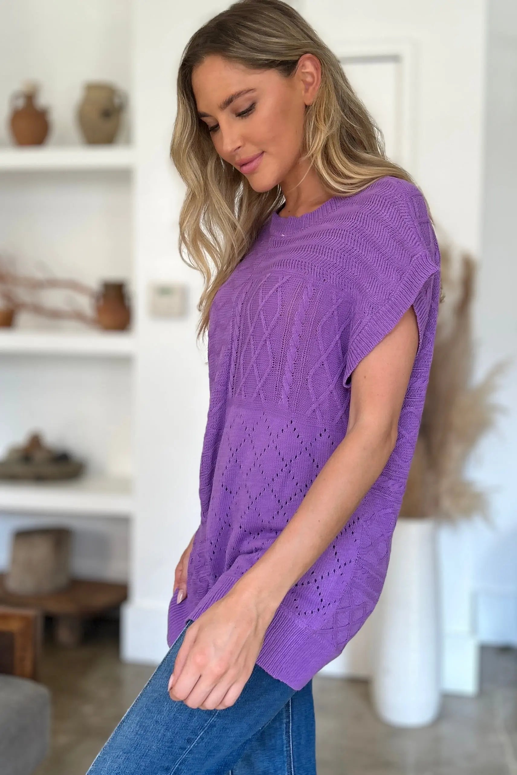 Double Take Full Size Cable Knit Round Neck Cap Sleeve Sweater for Women - Cozy Winter Pullover for Office, Date Night & Casual Outfits