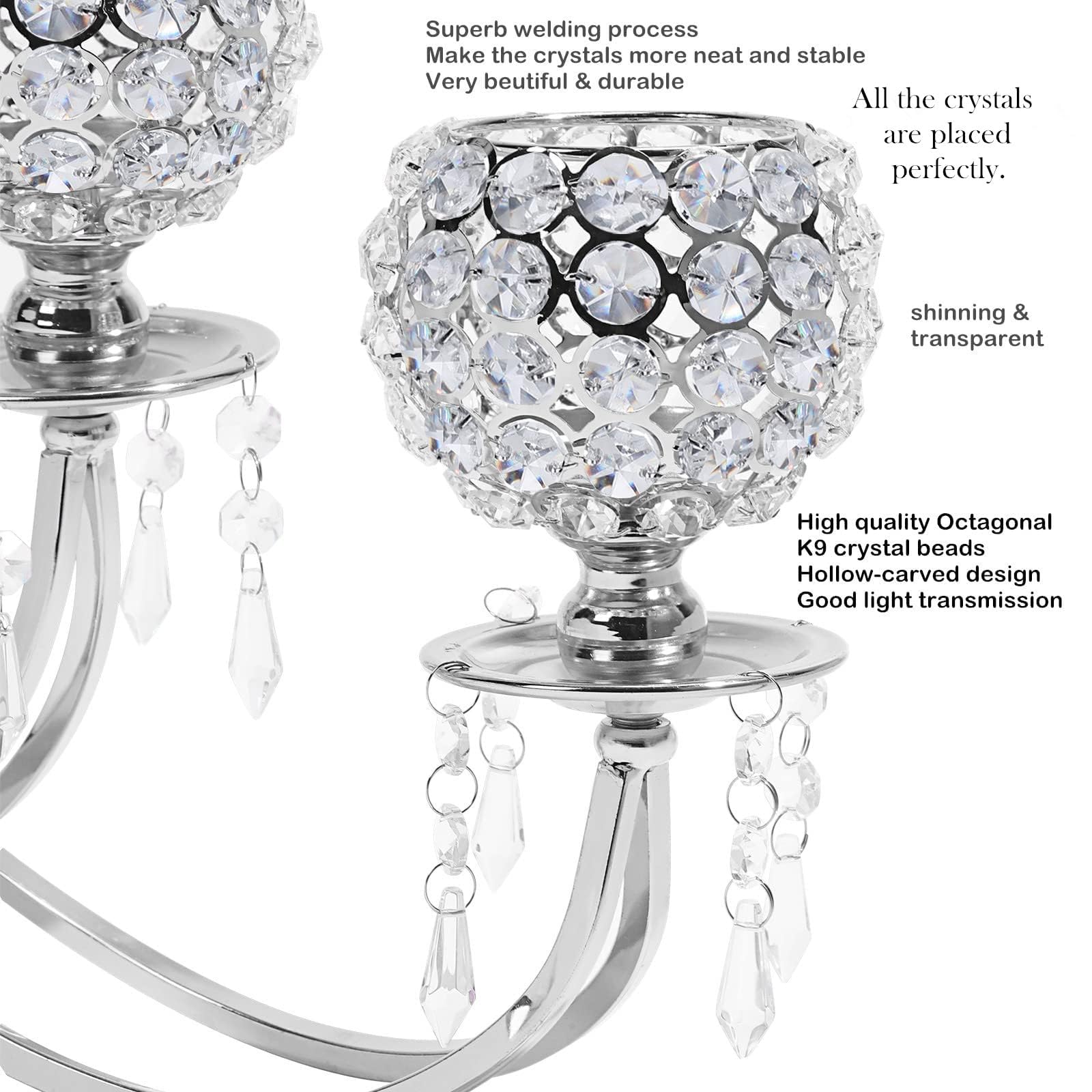 Large 5-Arm Silver Crystal Beaded Candelabra - Elegant Tea Light Candle Holder for Weddings, Dining Tables & Christmas Decor | Perfect Centerpiece for Home, Party & Holiday Decorations