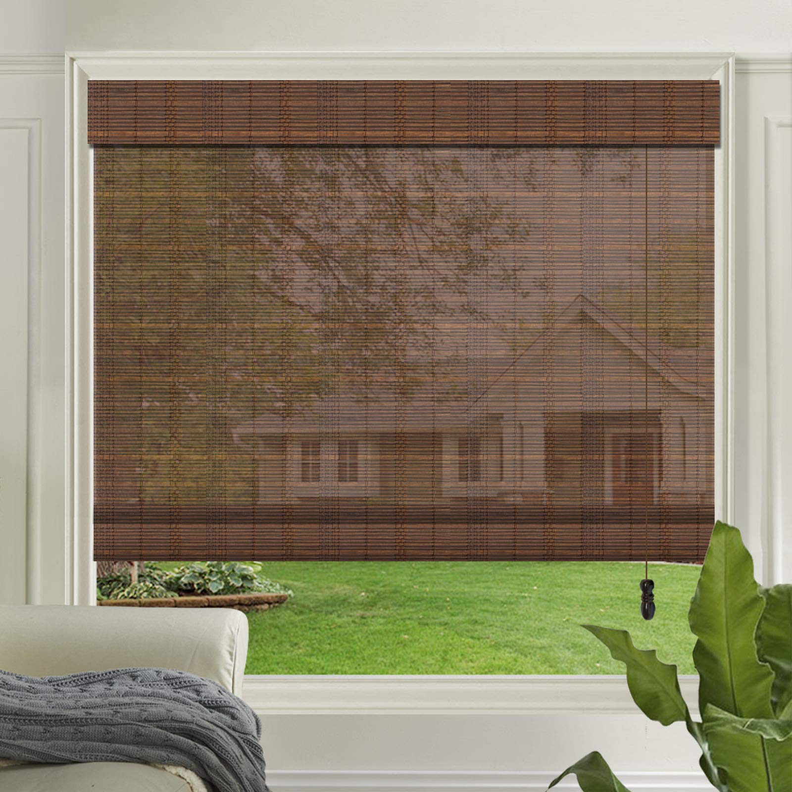 LETAU Cordless Bamboo Roman Shades - Light Filtering Wood Window Blinds for Kitchen, Office & Home - Easy Lift No Strings Design - Natural Pattern 9 - Perfect for Privacy & Sun Protection in Living Rooms, Bedrooms & Patio Doors
