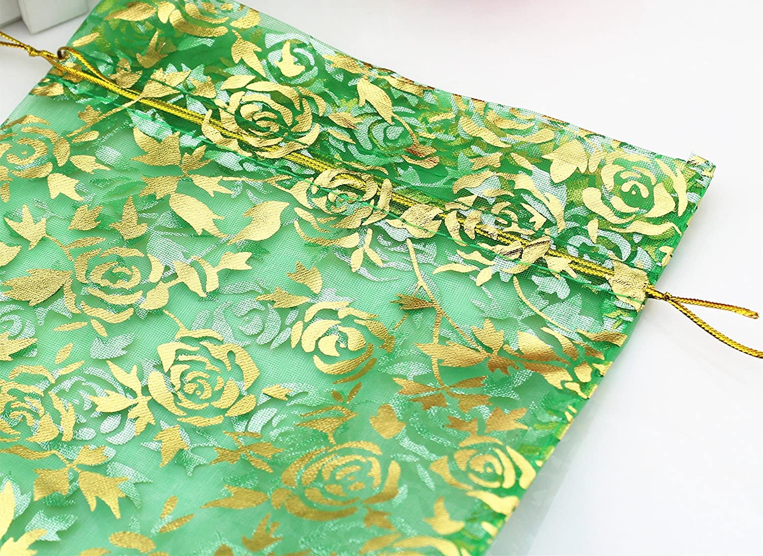 100 Pcs 4x6 Inches Organza Drawstring Potli Bags - Small Gift Pouches for Wedding Favors, Party Giveaways, Baby Shower, Dry Fruits & Jewelry (Green Floral Design) - Perfect for Indian Weddings, Bridal Showers & Festive Celebrations