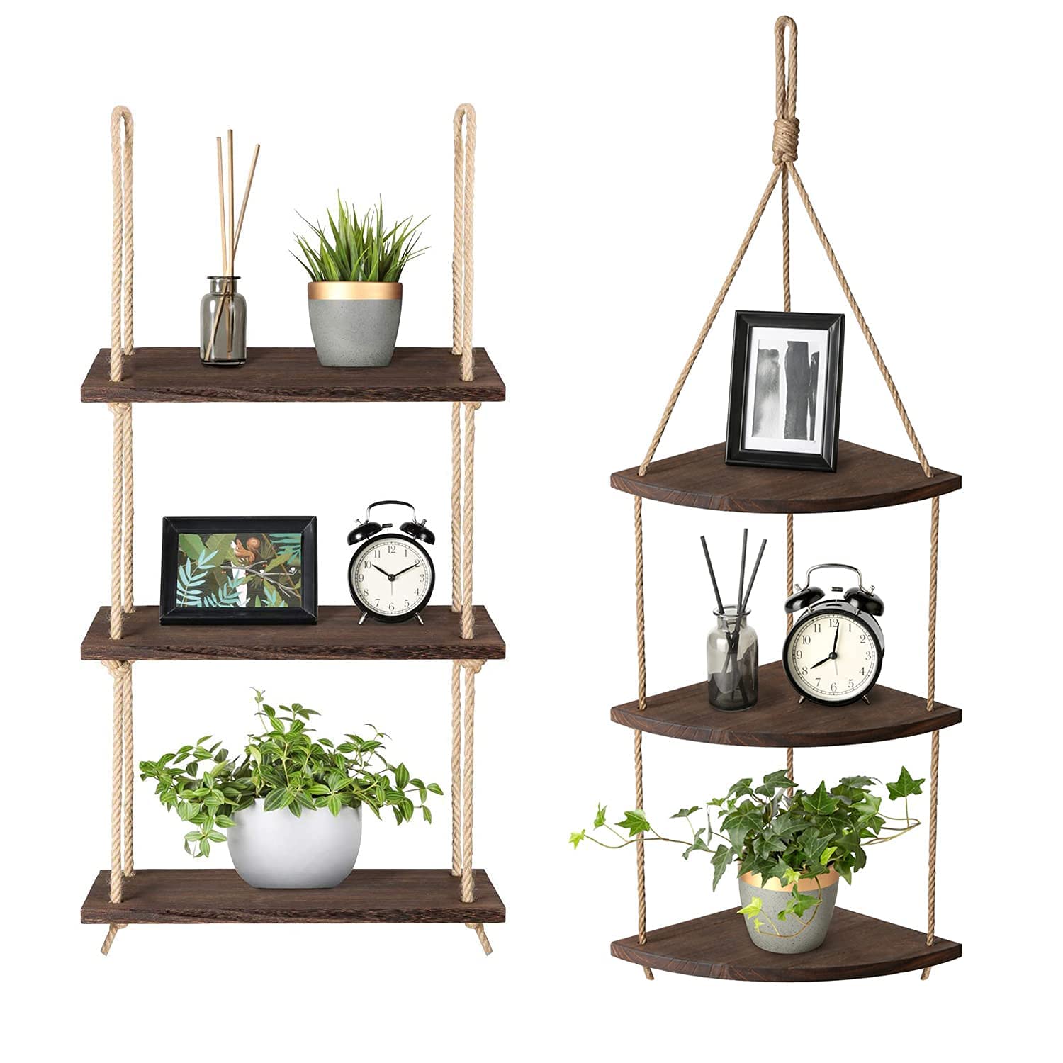Mkono 2PCS Wooden Wall Hanging Shelves - Rustic 3 Tier Window Rope Shelf for Home Decor & Storage (Rectangle + Sector) - Perfect for Living Room, Bedroom, Bathroom & Kitchen Organization