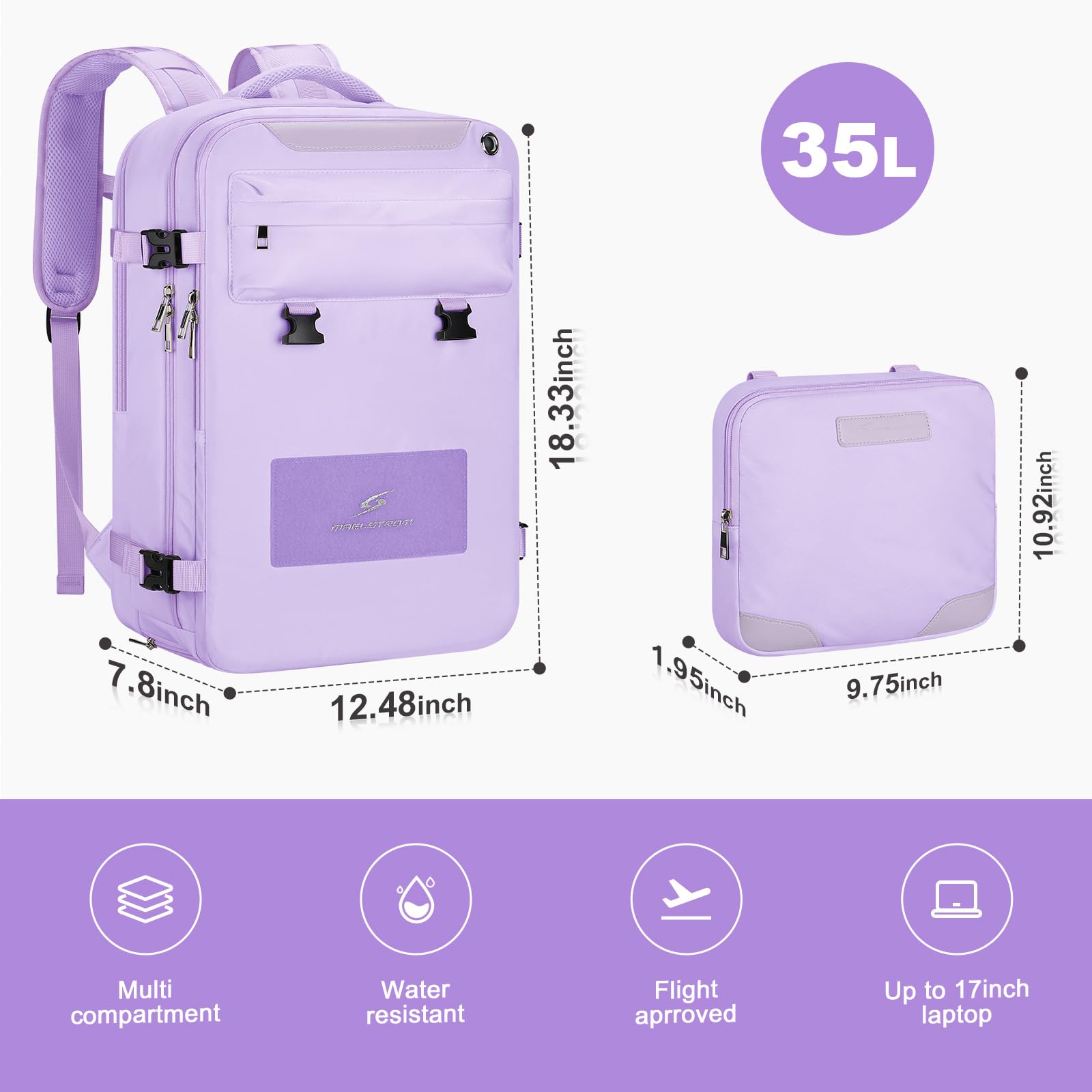 **Maelstrom 35L Waterproof Travel Backpack for Women & Men - Fits 17-Inch Laptop, Airplane Carry-On Backpack with Detachable Crossbody Bag & Shoe Compartment - Perfect for Business Trips, Hiking & Daily Commute (Purple)**