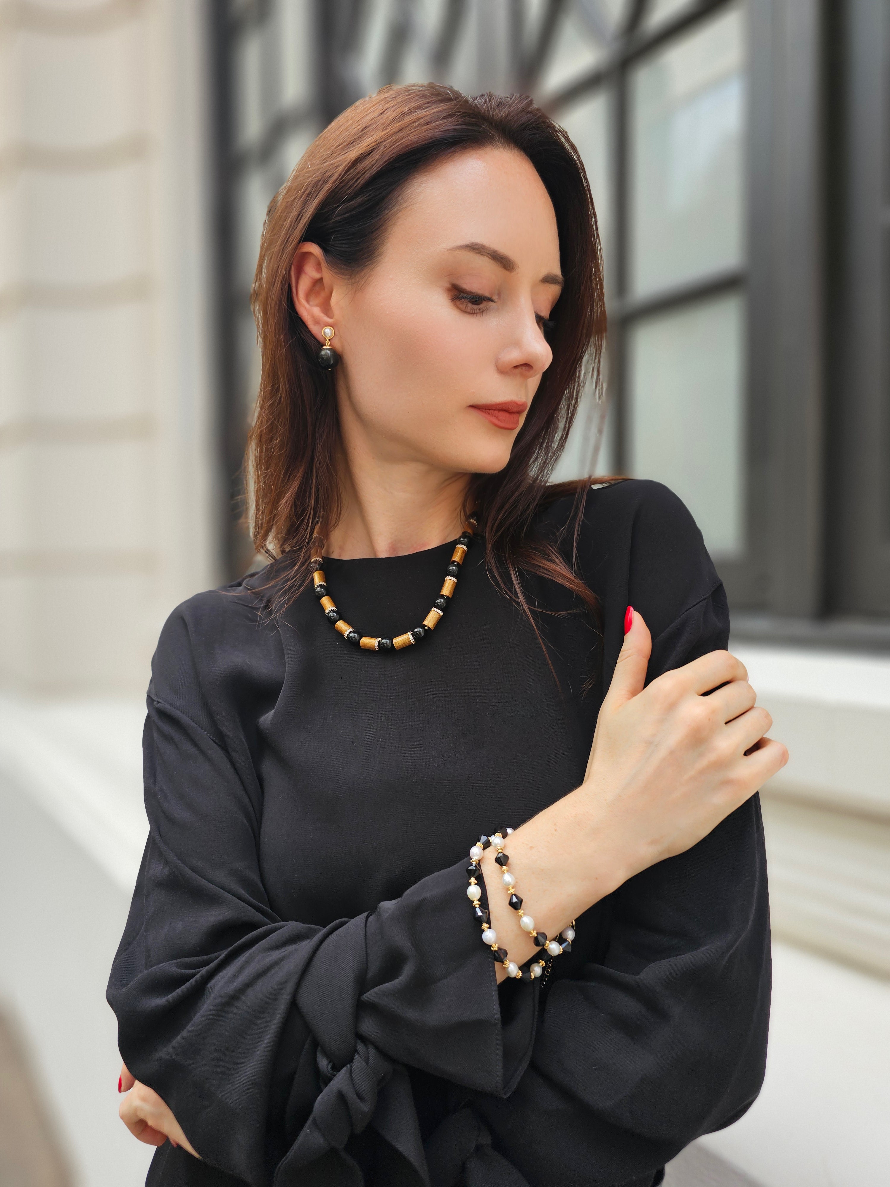 Black Obsidian and White Pearls Double Layer Bracelet & Choker Set - Elegant Adjustable Jewelry for Women, Gift for Her, Spiritual Healing, Meditation, Yoga Accessory, Boho Chic Fashion Statement