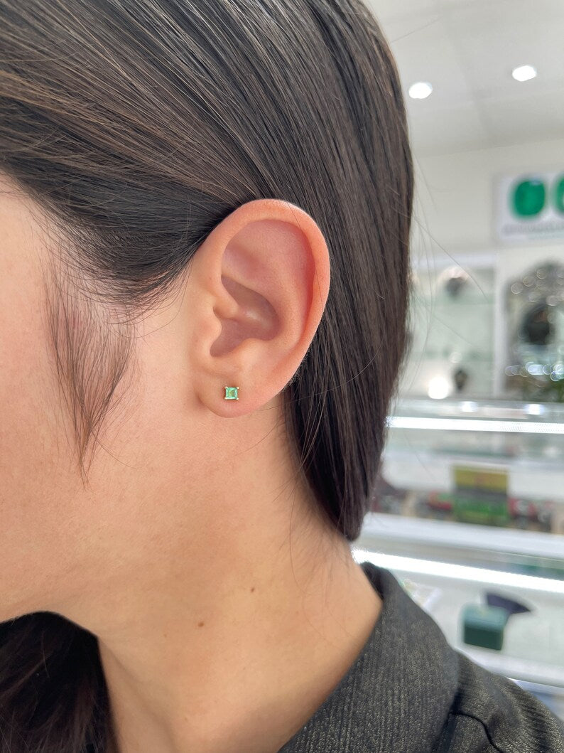 0.45tcw Natural Petite Baby Princess Emerald Asscher Cut Stud Earrings in 14K Gold - Perfect for Everyday Wear, Gifts & Special Occasions