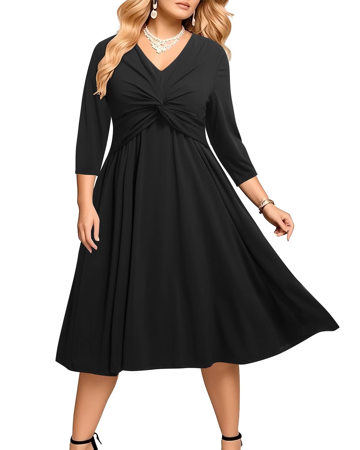 Plus Size Women's Twist Knot V-Neck 3/4 Sleeve A-Line Midi Dress for Wedding Guest, Party & Special Occasions - Flattering Formal Attire for Curvy Figures