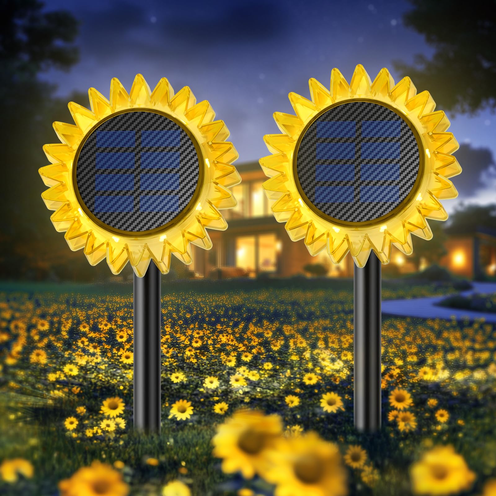 Solar Sunflower Lights Outdoor - 2 Pack Upgraded Waterproof IP67 Solar Garden Lights for Yard, Patio, Pathway, Fence & Wall Decoration | Warm White LED | Ground & Wall Mount 2-in-1 Design | Perfect for Landscape Lighting, Backyard Ambiance & Evening Outdoor Decor