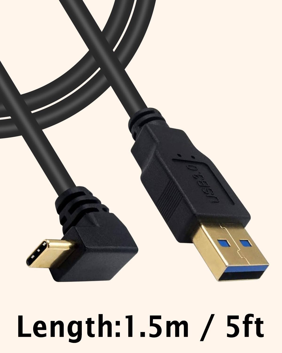 5Ft 90 Degree Right Angle USB C Cable - USB A 3.0 to USB C 3.1 Fast Charging Cable (1.5M/5ft) for iPhone 15, Samsung Galaxy, iPad, MacBook, Nintendo Switch, PS5 & More - Perfect for Gaming, Travel & Tight Spaces