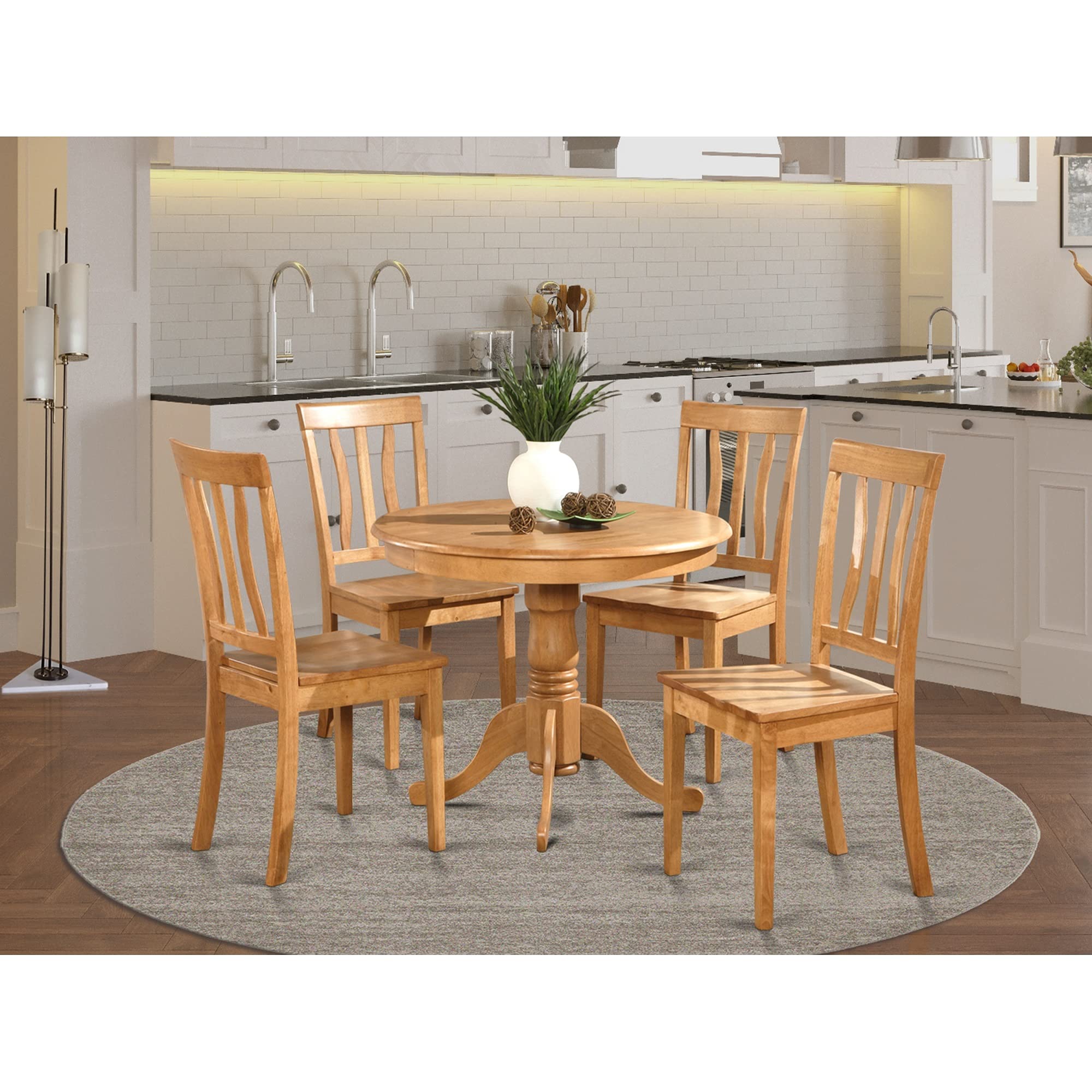 East West Furniture 5-Piece Oak Dining Room Set with Round Pedestal Table & 4 Chairs - 36x36 Inch Solid Wood Kitchen Table Set for Family Meals & Entertaining | Perfect for Small Spaces & Modern Homes