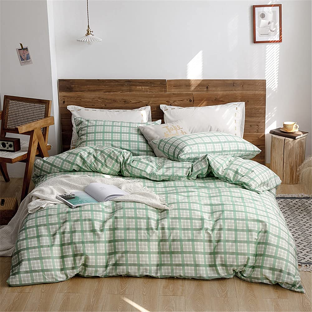Omelas Green Plaid Duvet Cover Twin Size - White Sage Grid Geometric Pattern Bedding Set (2-Piece) | Soft 120G Microfiber Reversible Comforter Cover for Kids, Teens, Boys & Girls | Durable & Breathable for Bedroom, Dorm, Guest Room Decor