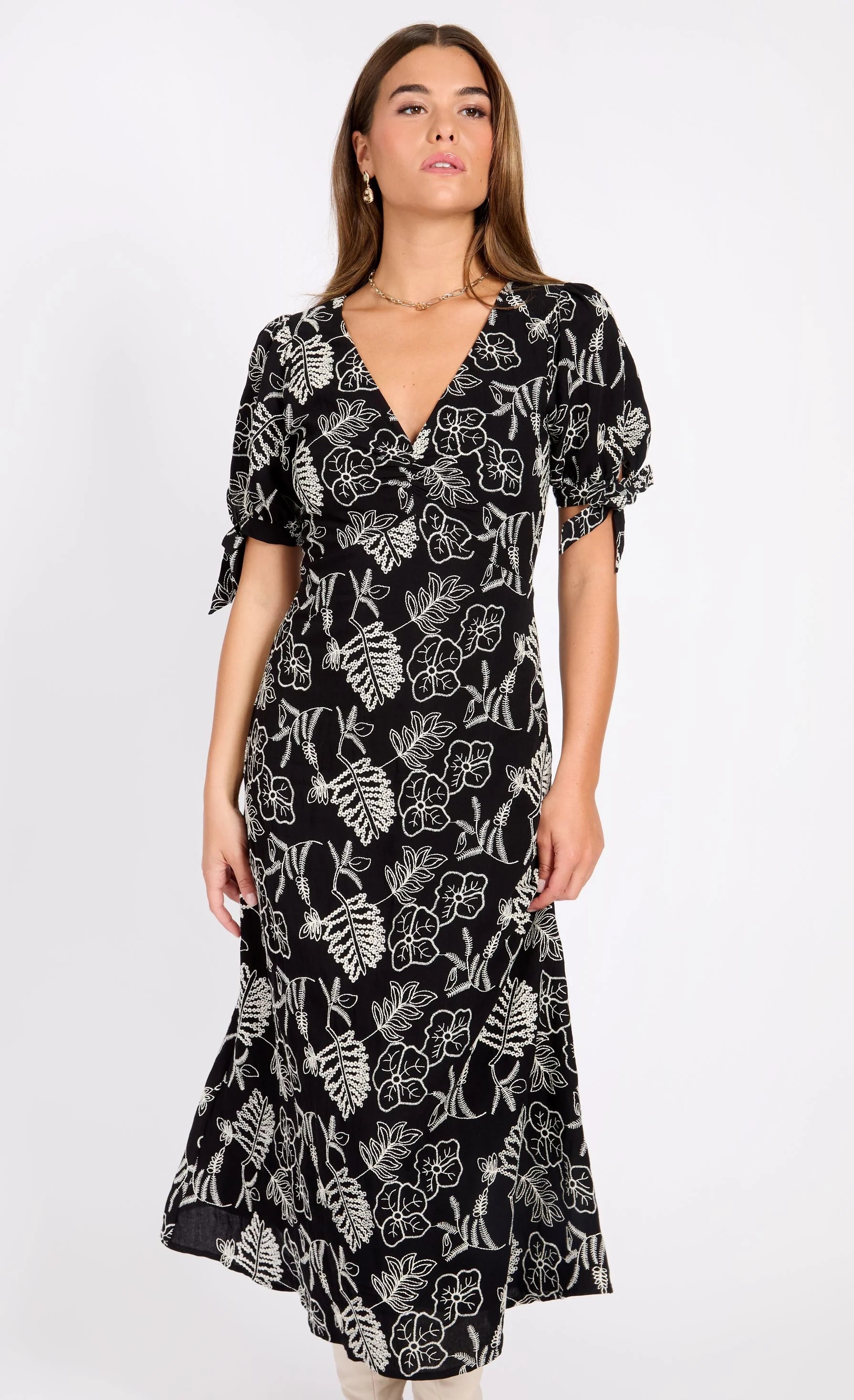 Lizzie Embroidered Midaxi Dress for Women - Floral Lace Black & White Summer Maxi Dress - Perfect for Beach Vacation, Wedding Guest & Evening Party