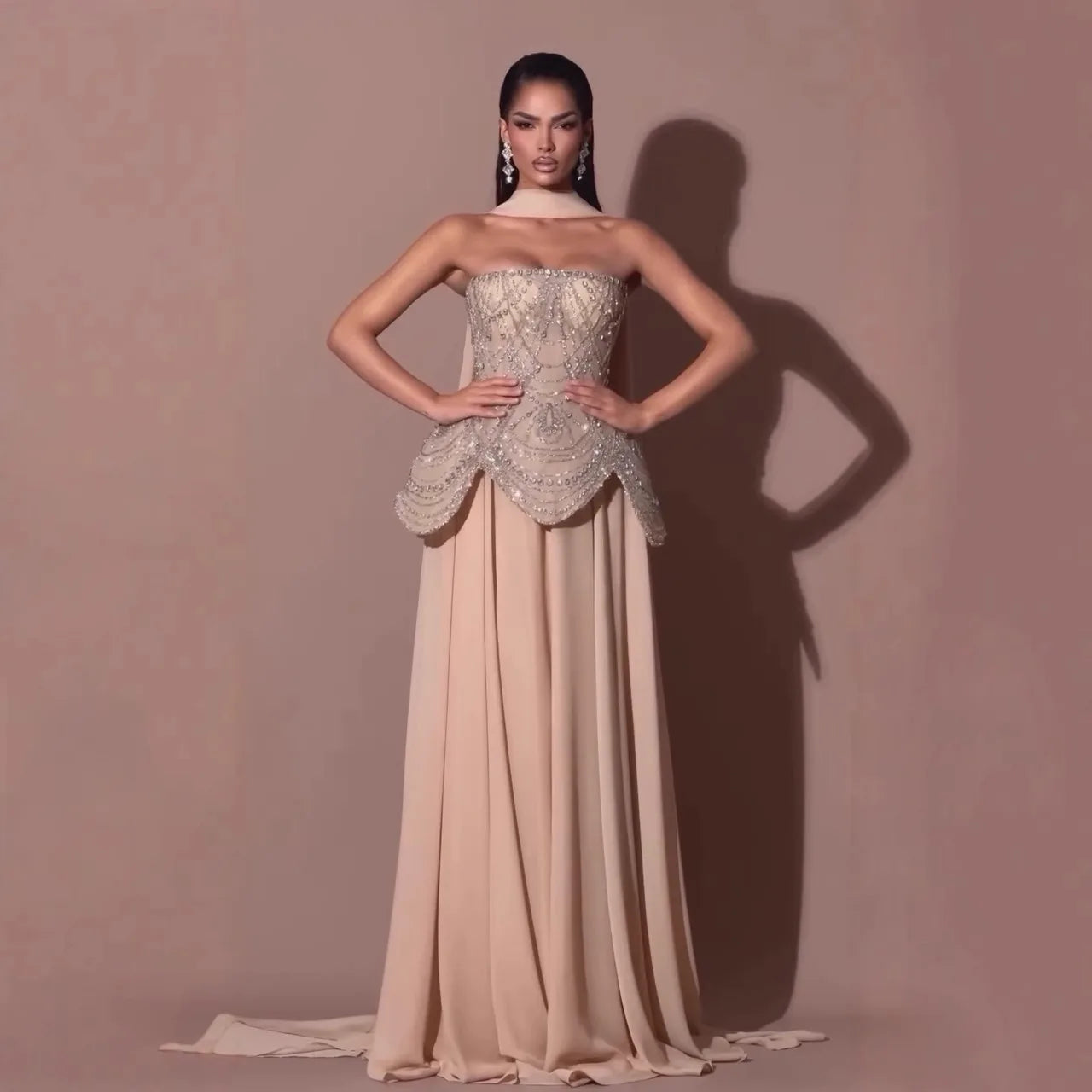 Luxury Designer Nude Beaded Chiffon Evening Gown for Wedding Party Prom Formal Events - Elegant Long Dress for Bridesmaids Special Occasions