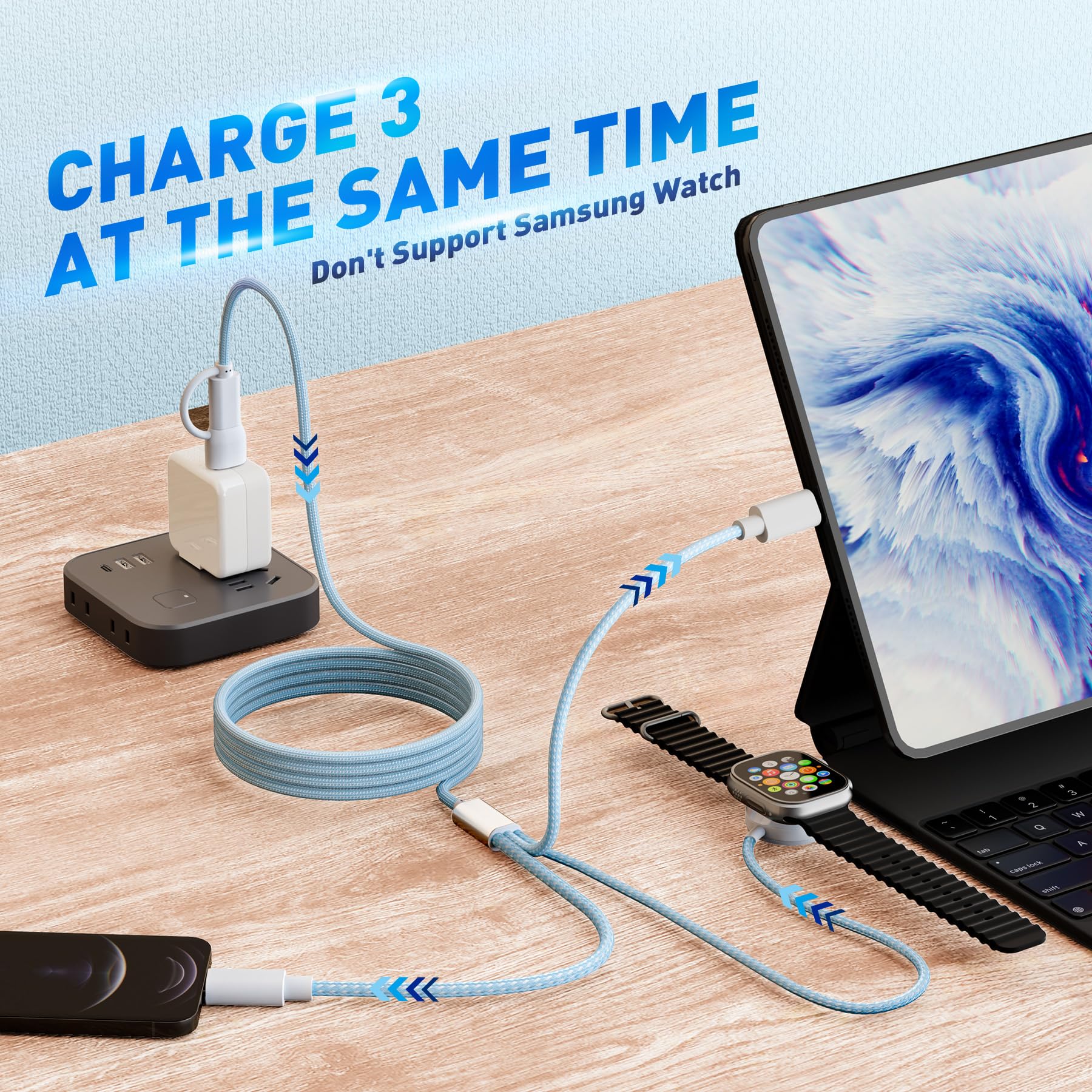 Premium 3-in-1 USB C Watch Phone Charger Cable - Compatible with Apple Watch Ultra/SE/Series 1-8, iPhone, Android & More - 4FT/1.2M Fast Charging Cord (Blue) - Perfect for Travel, Office & Home Use