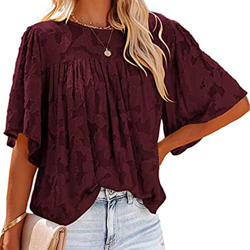 Women's Floral Lace 3/4 Bell Sleeve Blouse - Cute Crewneck Babydoll Top for Summer, Loose Fit Textured Shirt | Perfect for Casual Outings, Date Nights & Office Wear
