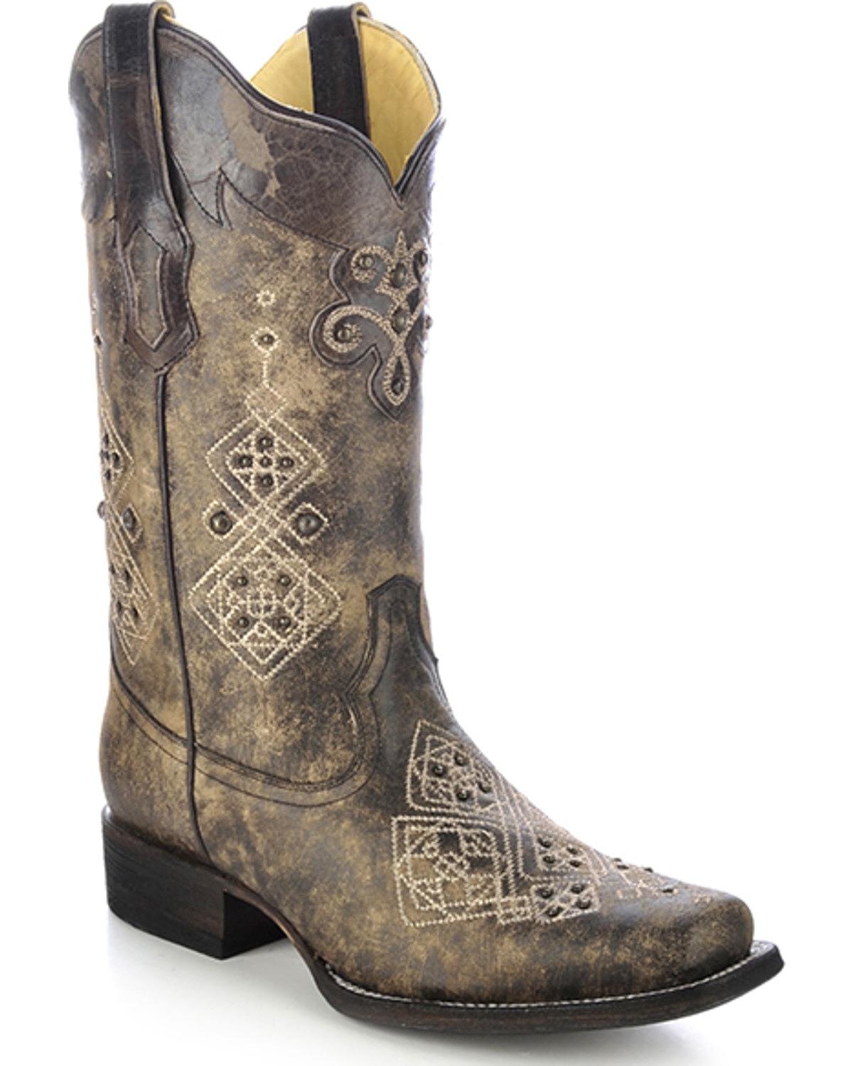 **CORRAL Women's Distressed Black Studded Embroidered Square Toe Cowgirl Boots - Western Fashion, Country Style, Perfect for Rodeo, Line Dancing & Casual Wear**