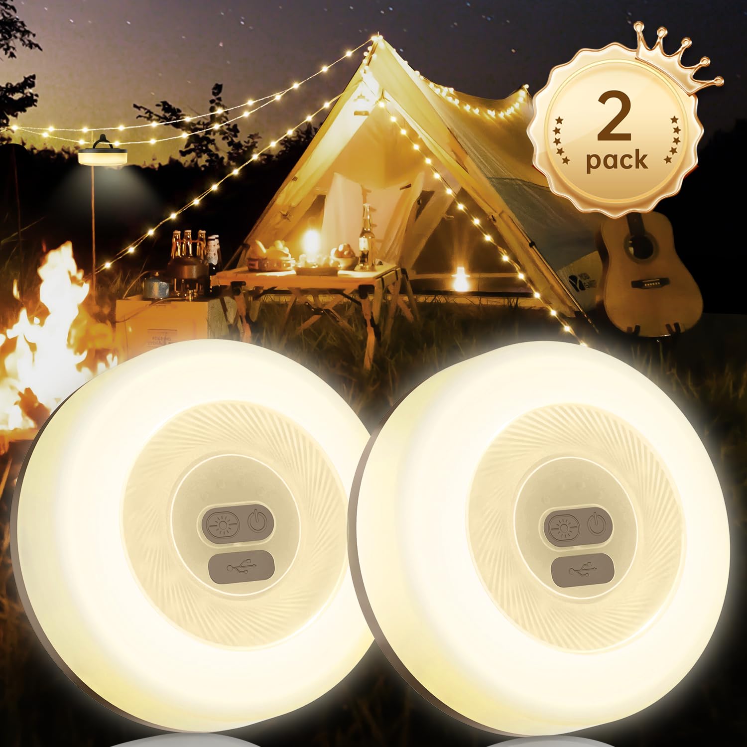 33FT Camping String Lights (2-Pack) - Waterproof Rechargeable LED Lights with 7 Modes for Outdoor Tents, Hiking & Christmas Decor | Perfect for Camping, Backyard Parties & Holiday Lighting